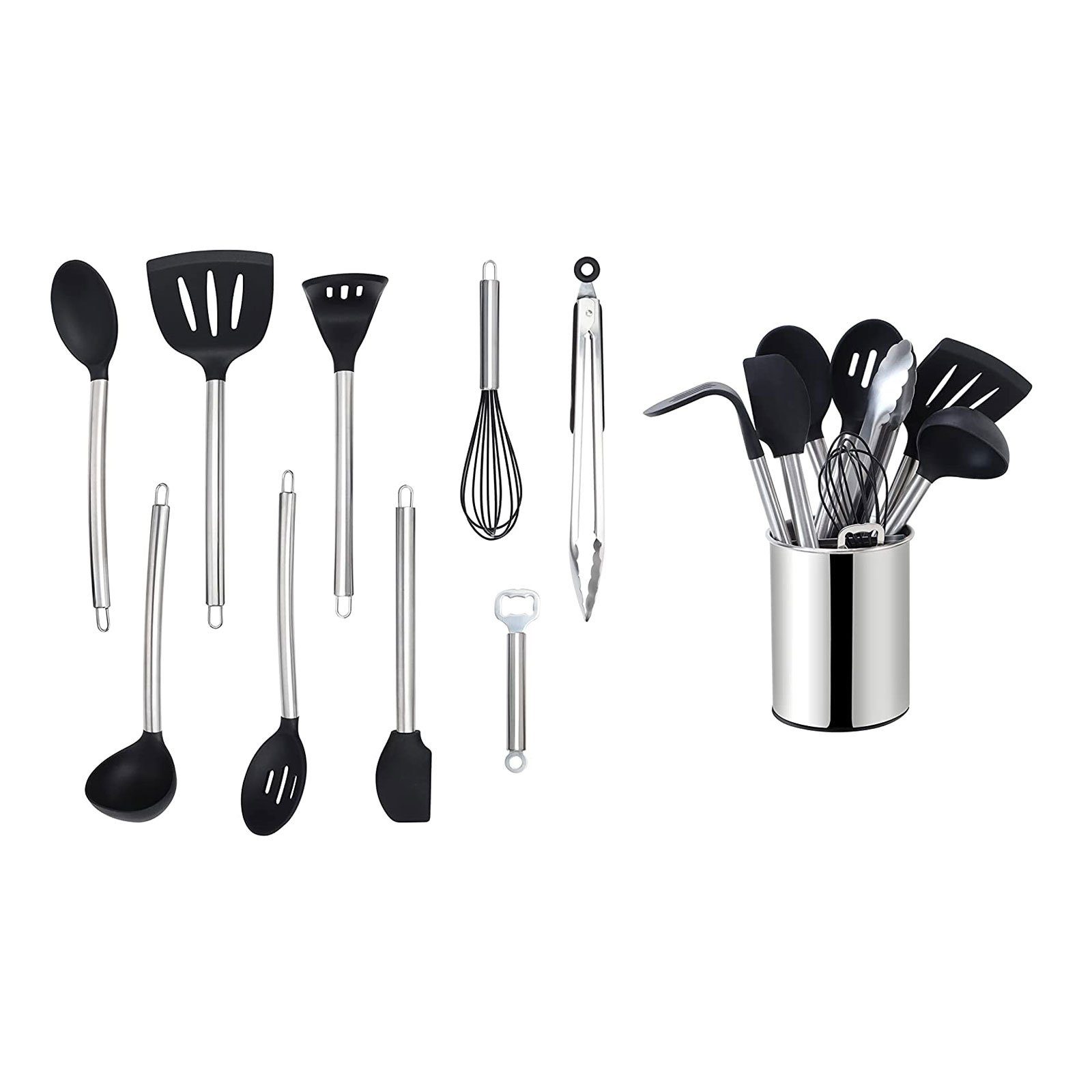 ECHTWERK Küchenorganizer-Set, Utensilienhalter, Kochset Edelstahlgriff, Kochbesteck Silber mit mit