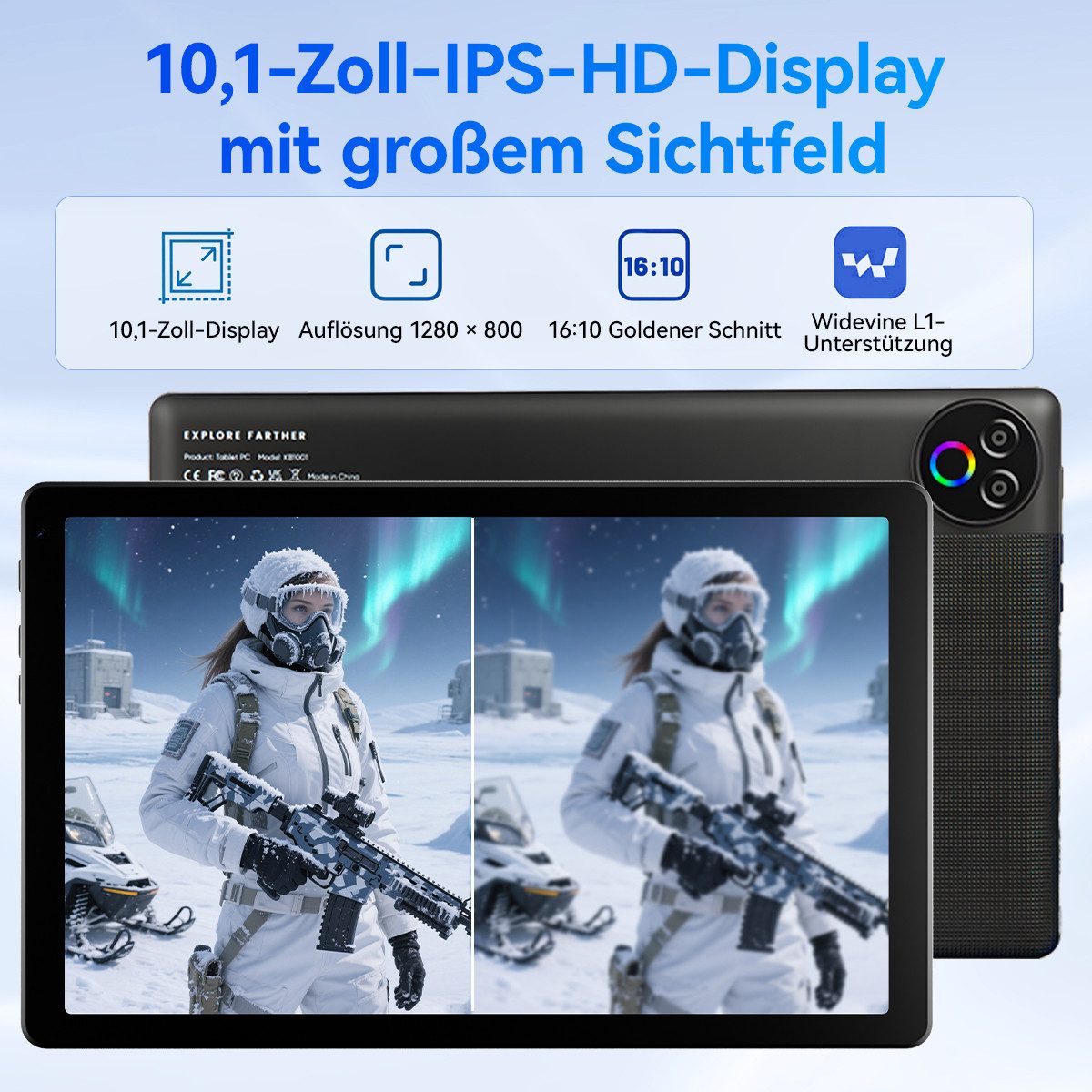 BUFO 10 Zoll 20 (3+17) GB RAM 64 GB ROM 1 TB Erweiterbar WiFi 6 Android 15 Tablet (10", 64 GB, Android 15, Dual-band (5GHz/2.4GHz) Wi-Fi, Android 15 mit Tastatur/Maus/Hülle/Stift)