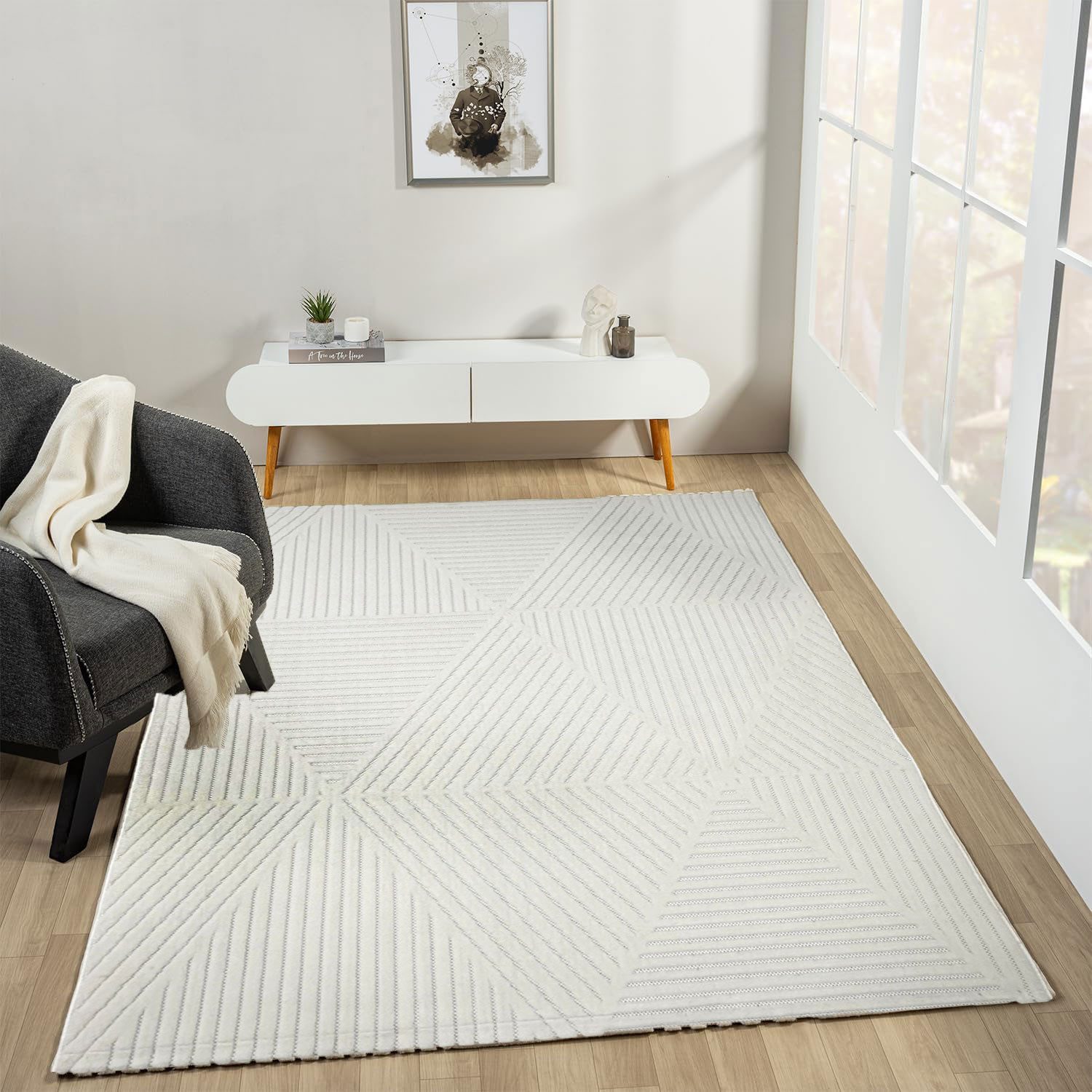 Vimoda Designteppich hoch/tief Motiv, Kurzflor Teppich Creme, Uni, Rechteckig, Höhe: 10 mm, Teppich Boho Design, Wohnzimmer, Schlafzimmer& Küche