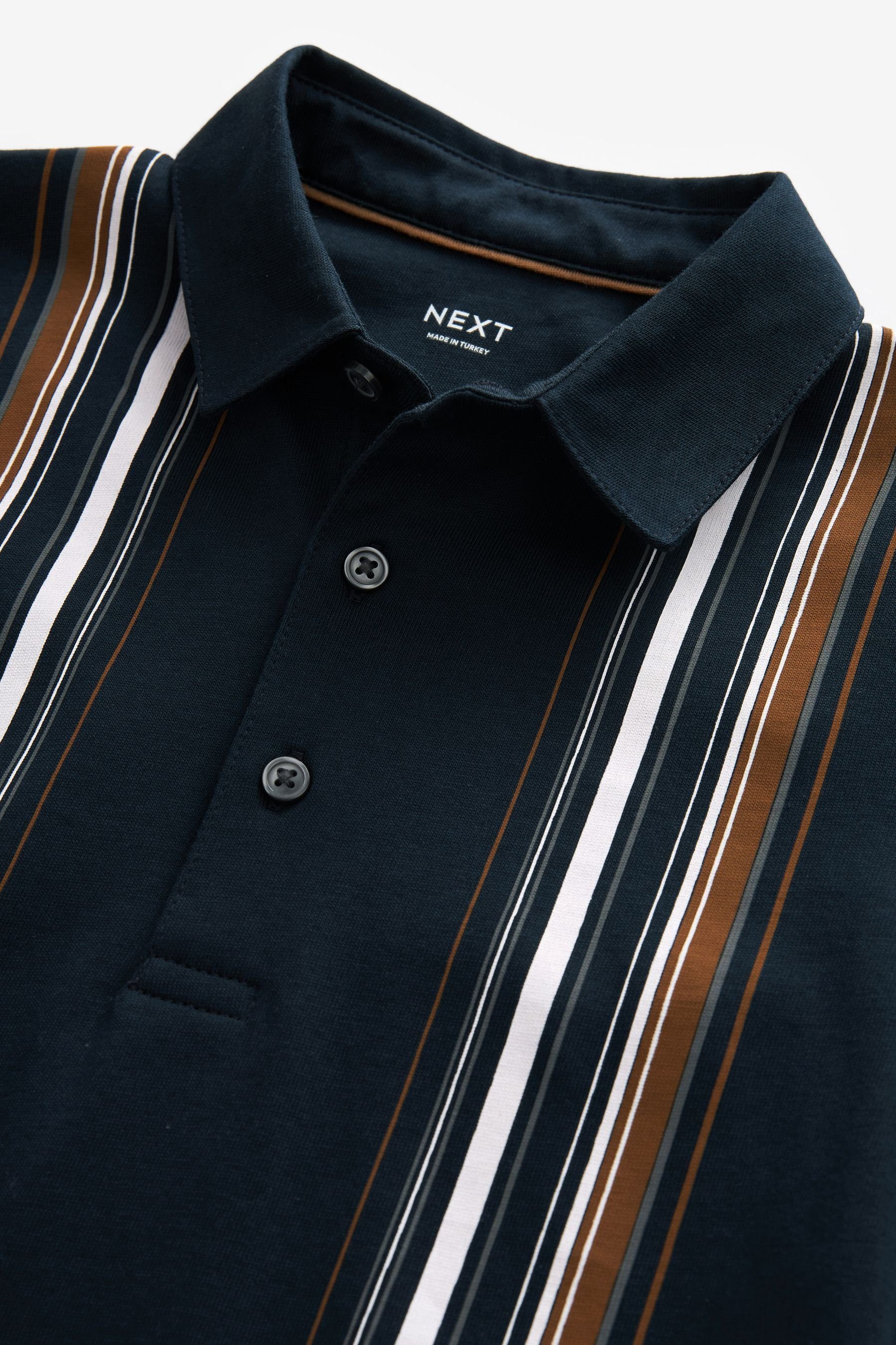 Vertical Blue/Tan Reißverschluss mit (1-tlg) Kurzärmeliges Polohemd Navy Next Poloshirt Stripe