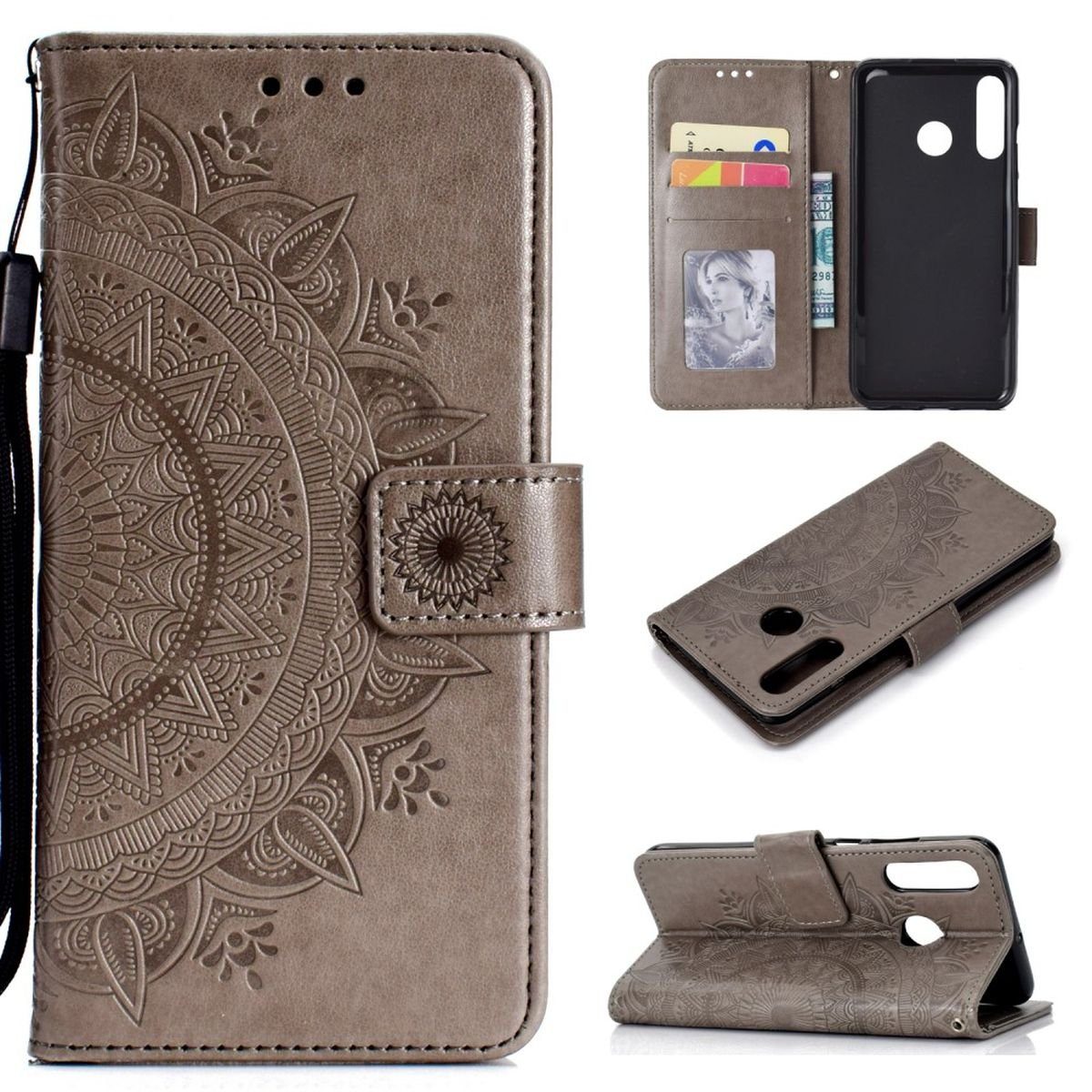 CoverKingz Handyhülle Huawei P30 Lite Handyhülle Flip Case Cover Handytasche Mandala Grau 15,2 cm (6 Zoll), Klapphülle Schutzhülle mit Kartenfach Schutztasche Motiv Mandala
