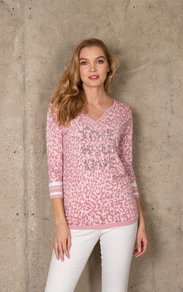 Passioni 3/4 Arm-Pullover mit Leopardenprint Splitneck, günstig online kaufen