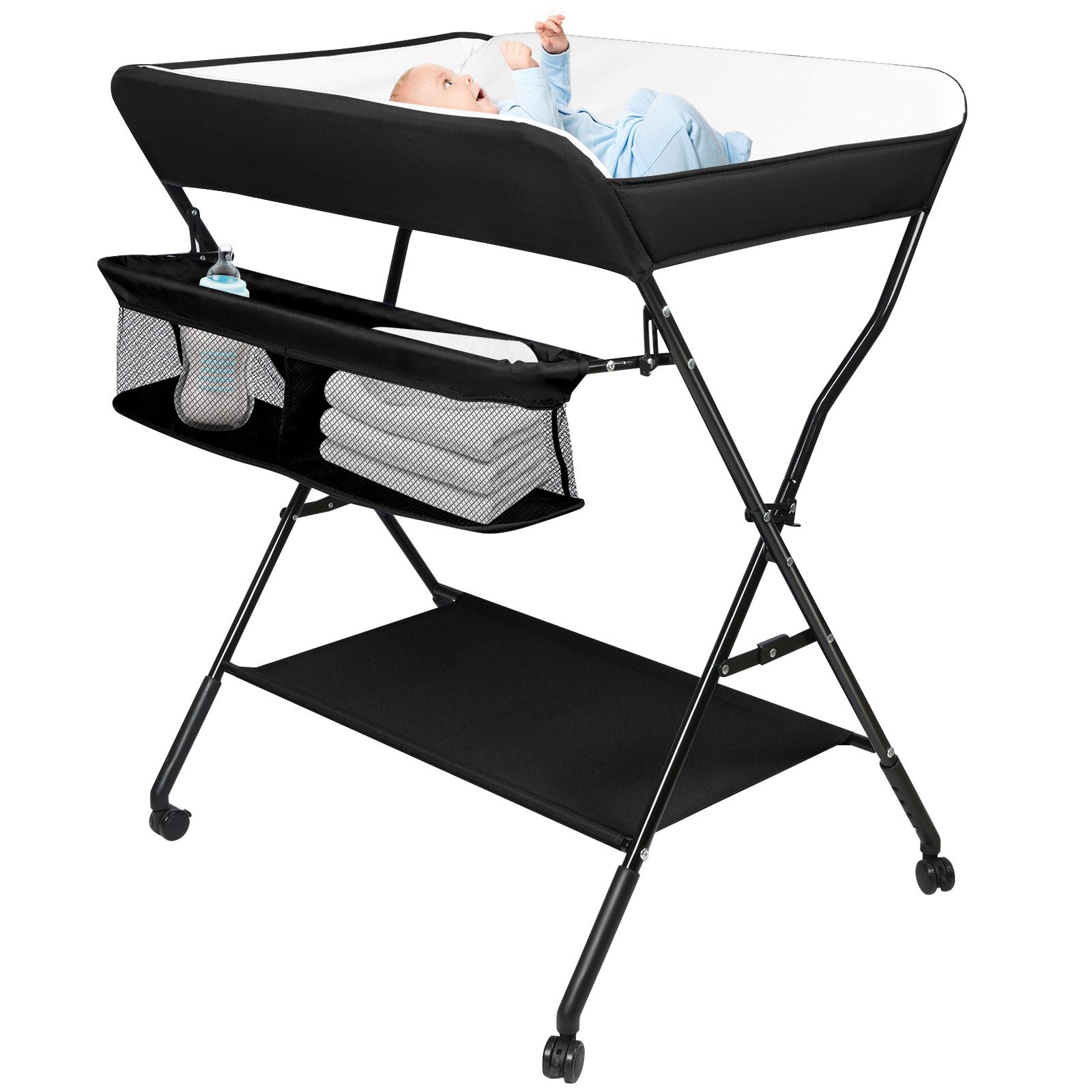 JEOBEST Wickeltisch Klappbare Wickelkommode Reisewickelkommode Mit Rollen, (1-tlg) Leitplankendesign, Höhenverstellbar,Wasserdicht PVC