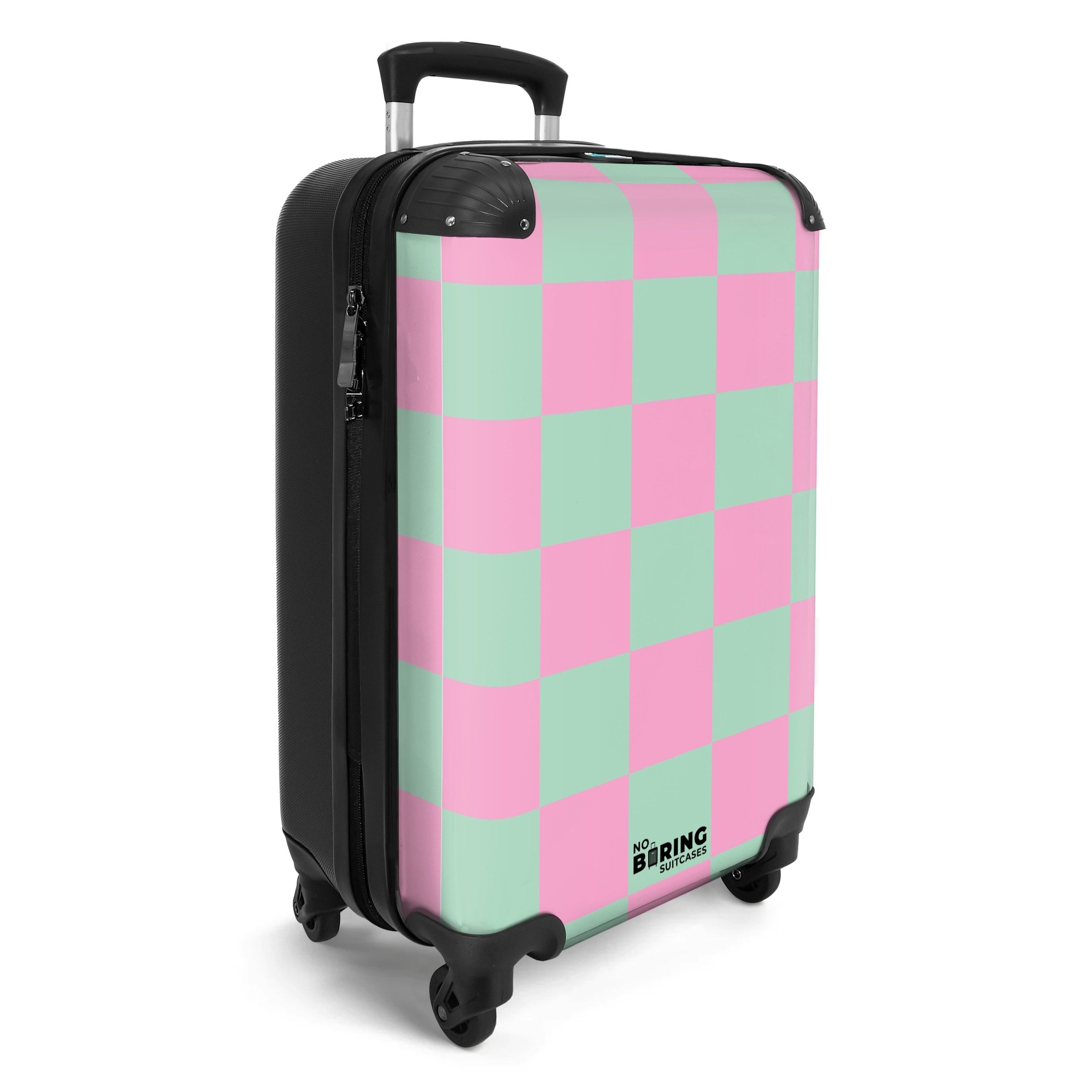 NoBoringSuitcases.com© Hartschalen-Trolley Rosa mit türkisem Schachbrettmus günstig online kaufen