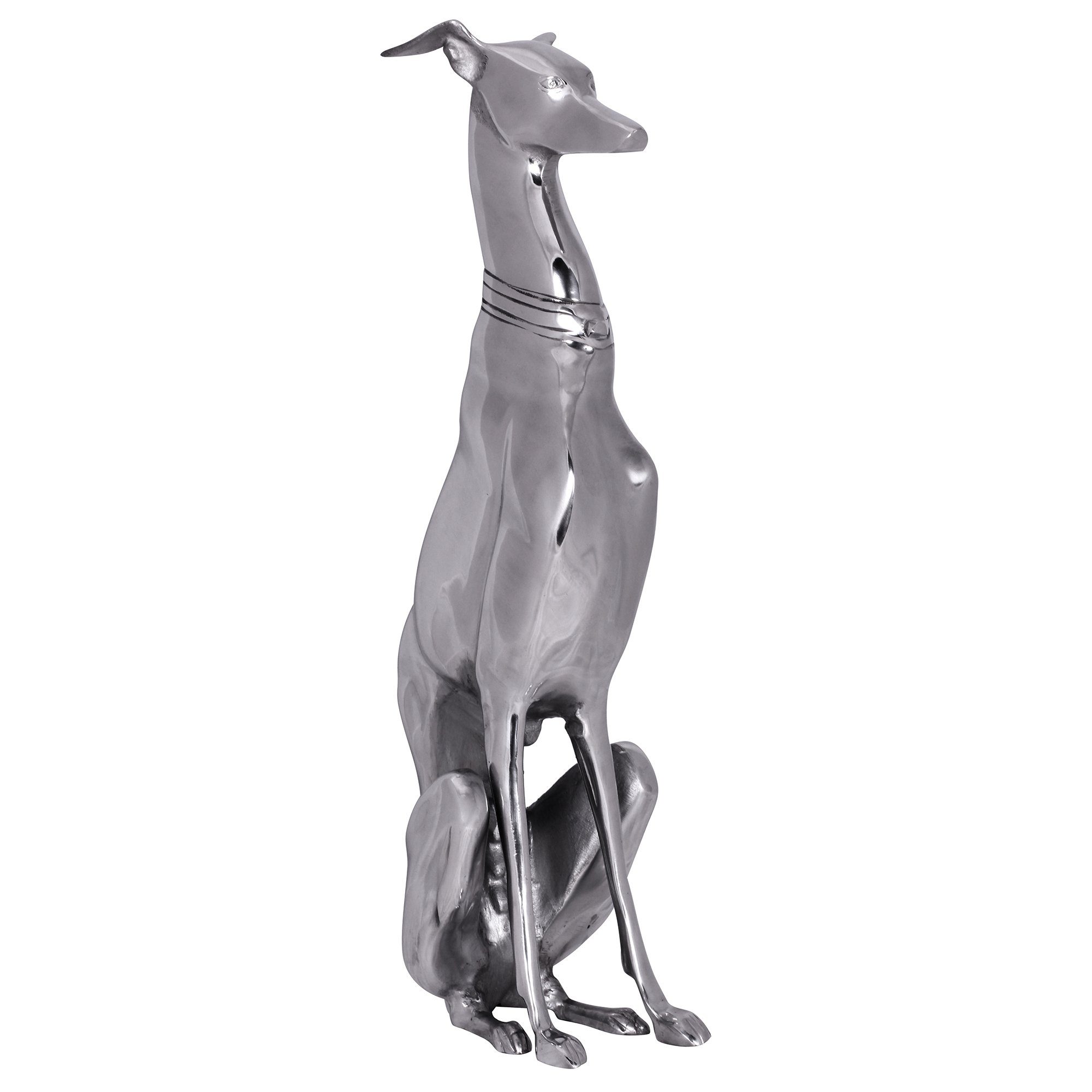 FINEBUY Tierfigur FB37863 (Windhund 18x70x25cm Aluminium Metall Silber Modern), Hundefigur Groß, Skulptur Hundestatue Dekoration