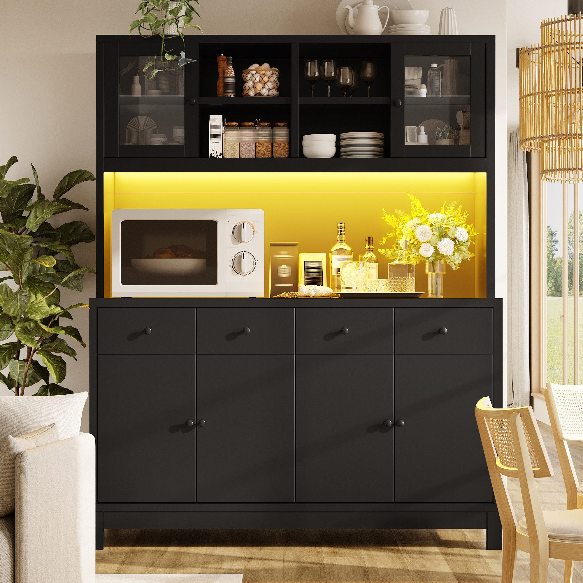 Flieks Küchenbuffet Hochschrank mit App-gesteuerter RGB-LED, Glastüren, 4 Schubladen (mit schwarzer Arbeitsplatte, 1-St., 140x40x180 cm) Küchenschrank Mehrzweck – Bild 3 von 5