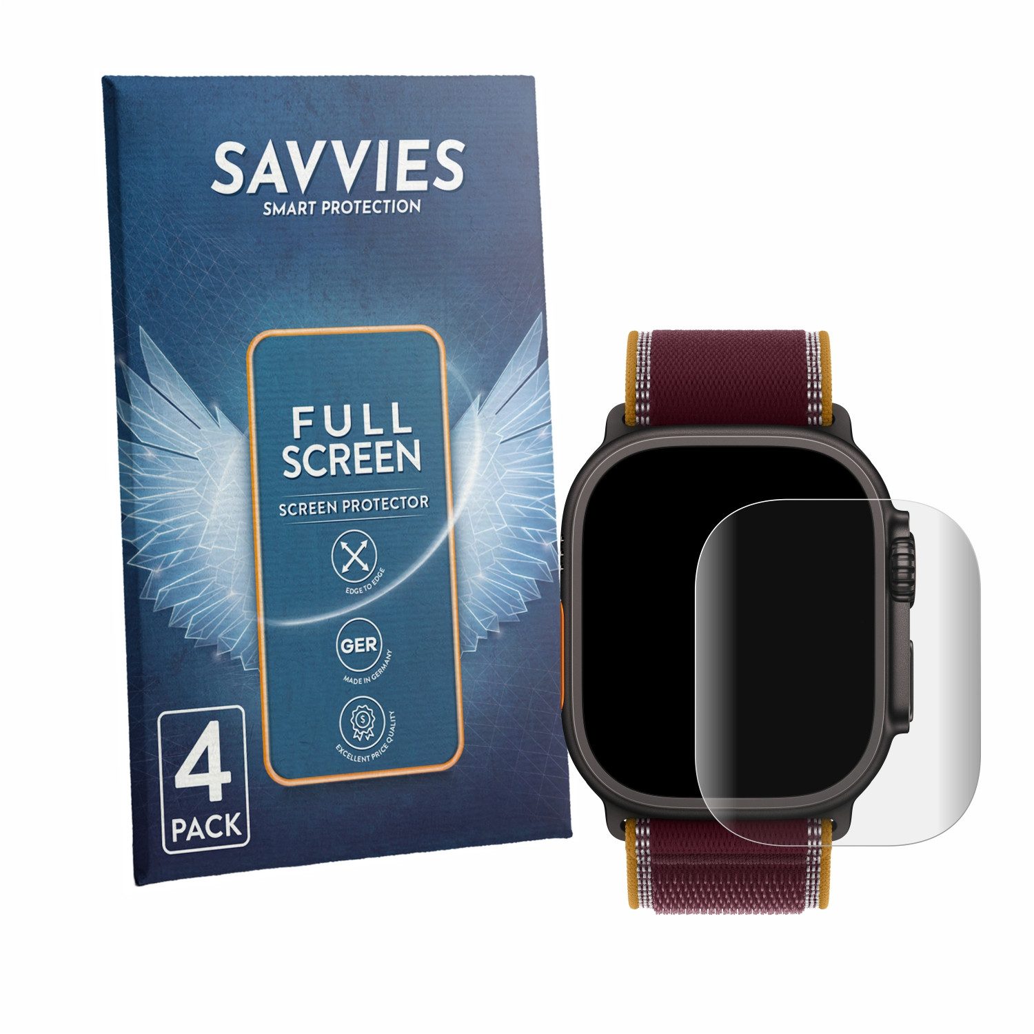 Savvies Displayschutzfolie Fullscreen Schutzfolie für Apple Watch Ultra 4 (49 mm), 4 Stück, Displayschutz Folie Fullcover Klar Transparent