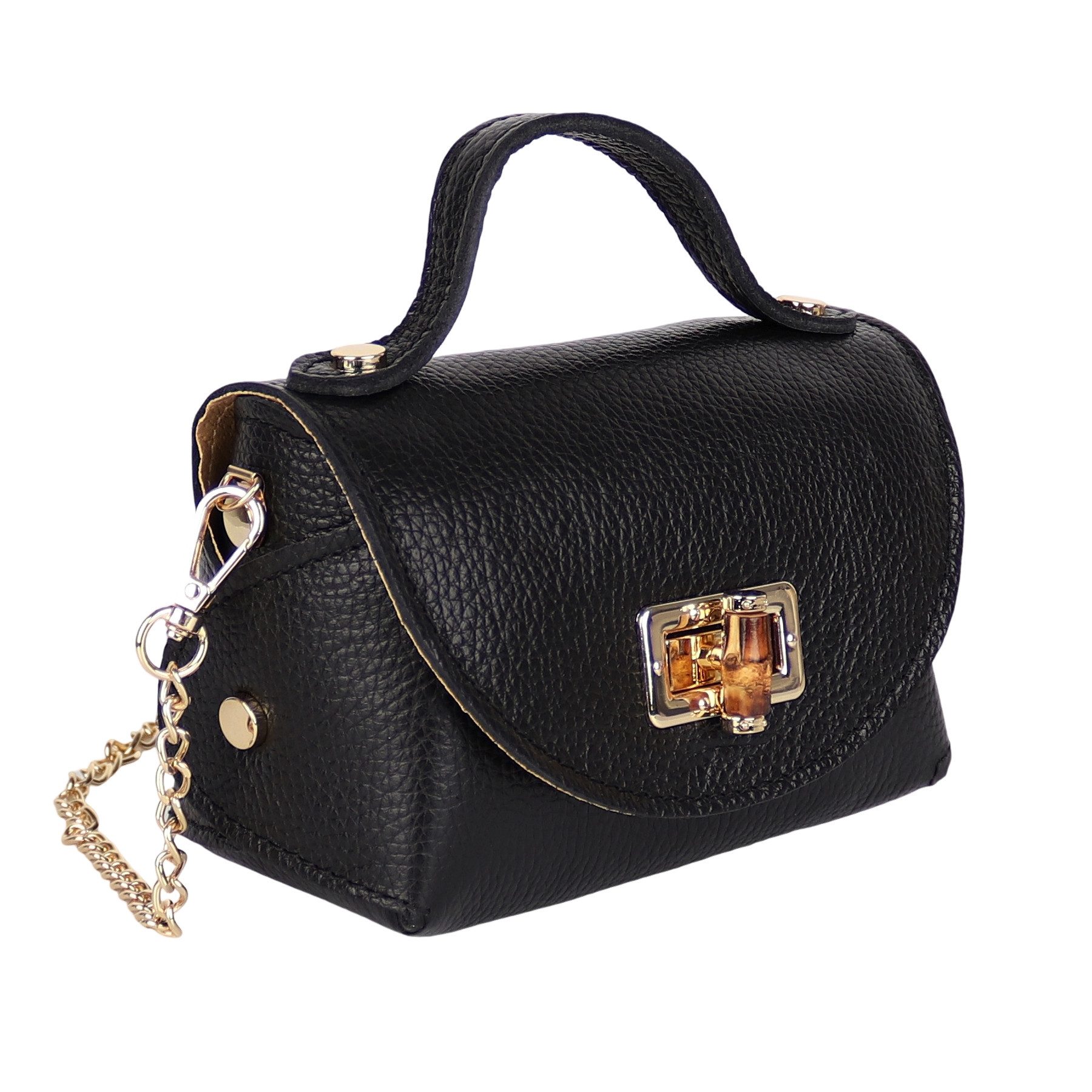 MIRROSI Henkeltasche Damen kleine Tasche aus Echtleder Schultertasche 16,50x10x8,50 cm, Mit goldfarbener Kette, ca. 125 cm lang