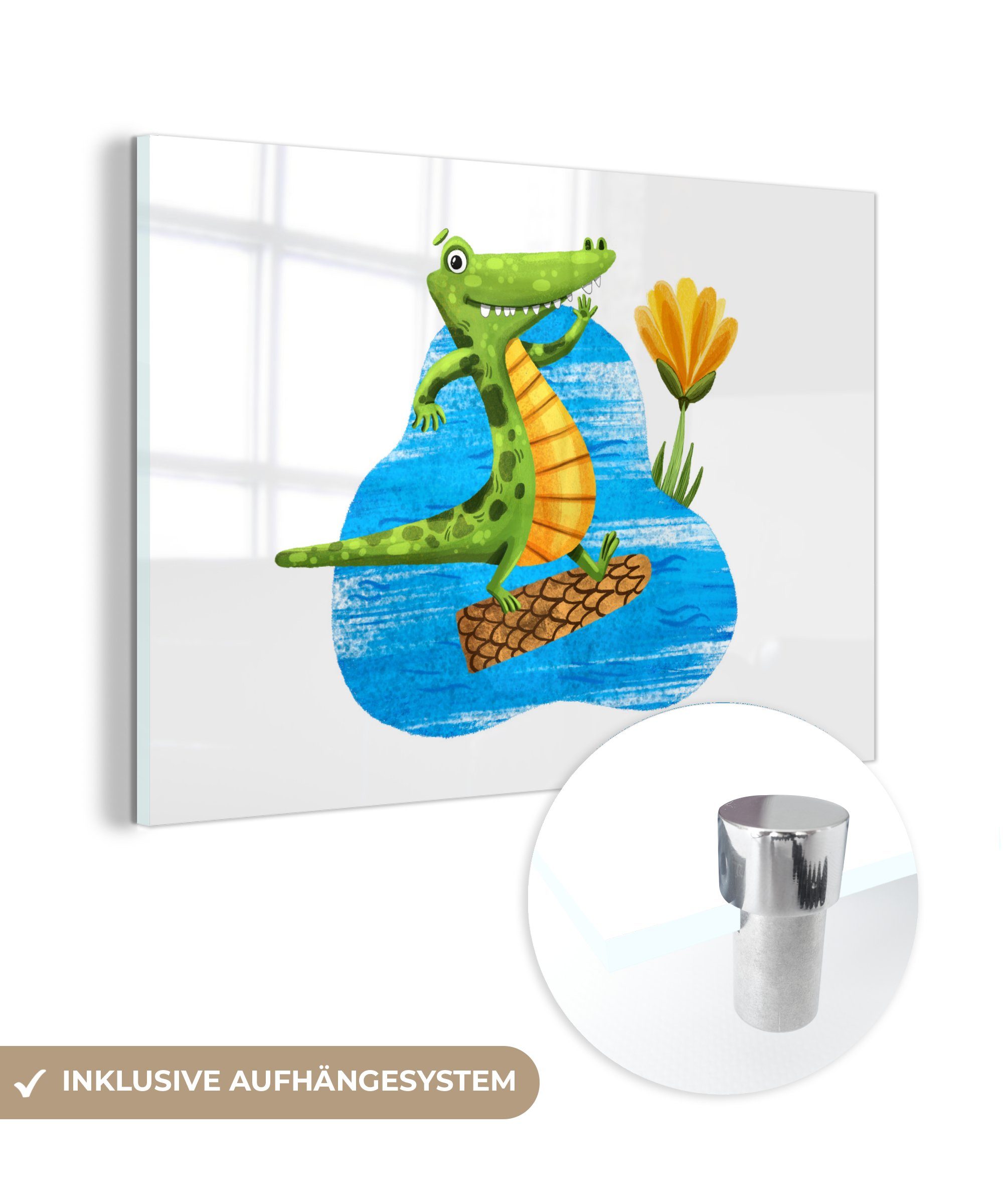 MuchoWow Acrylglasbild Krokodil - Wasser - Dschungel, (1 St), Glasbilder - Bilder auf Glas Wandbild - Foto auf Glas - Wanddekoration
