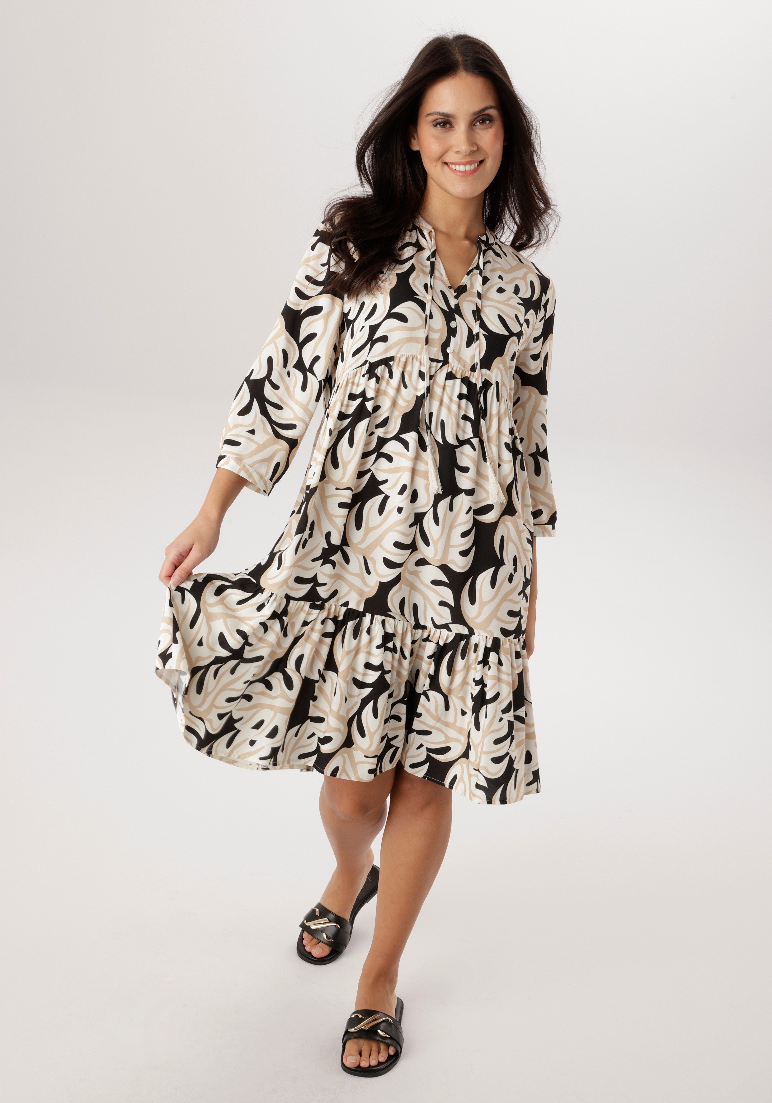 Aniston SELECTED Blusenkleid mit V-Ausschnitt und mit Bindebändern und Quasten - NEUE KOLLEKTION