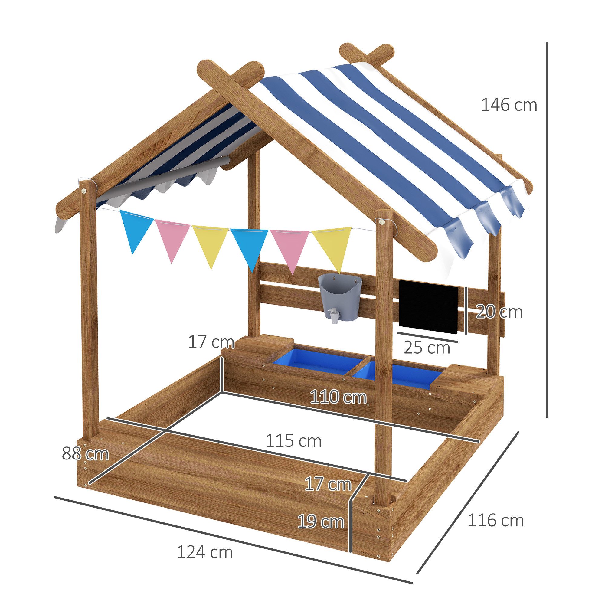 Outsunny Sandkasten Sandkiste mit Dach, aus Holz mit Sitzplatz, Garten, Braun, (Spielhaus, 1-tlg., Sandbox mit Tafel), für 3-7 Jahre Kinder, 124 x 116 x 146 cm