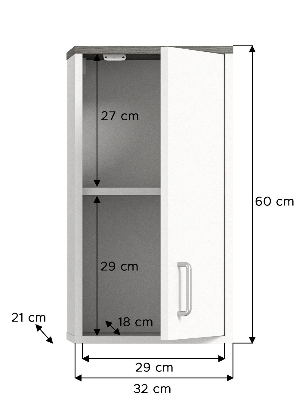 furnling Hängeschrank Leon 1 Tür, 2 Fächer, Badschrank, Badmöbel, Breite 32 cm, modern