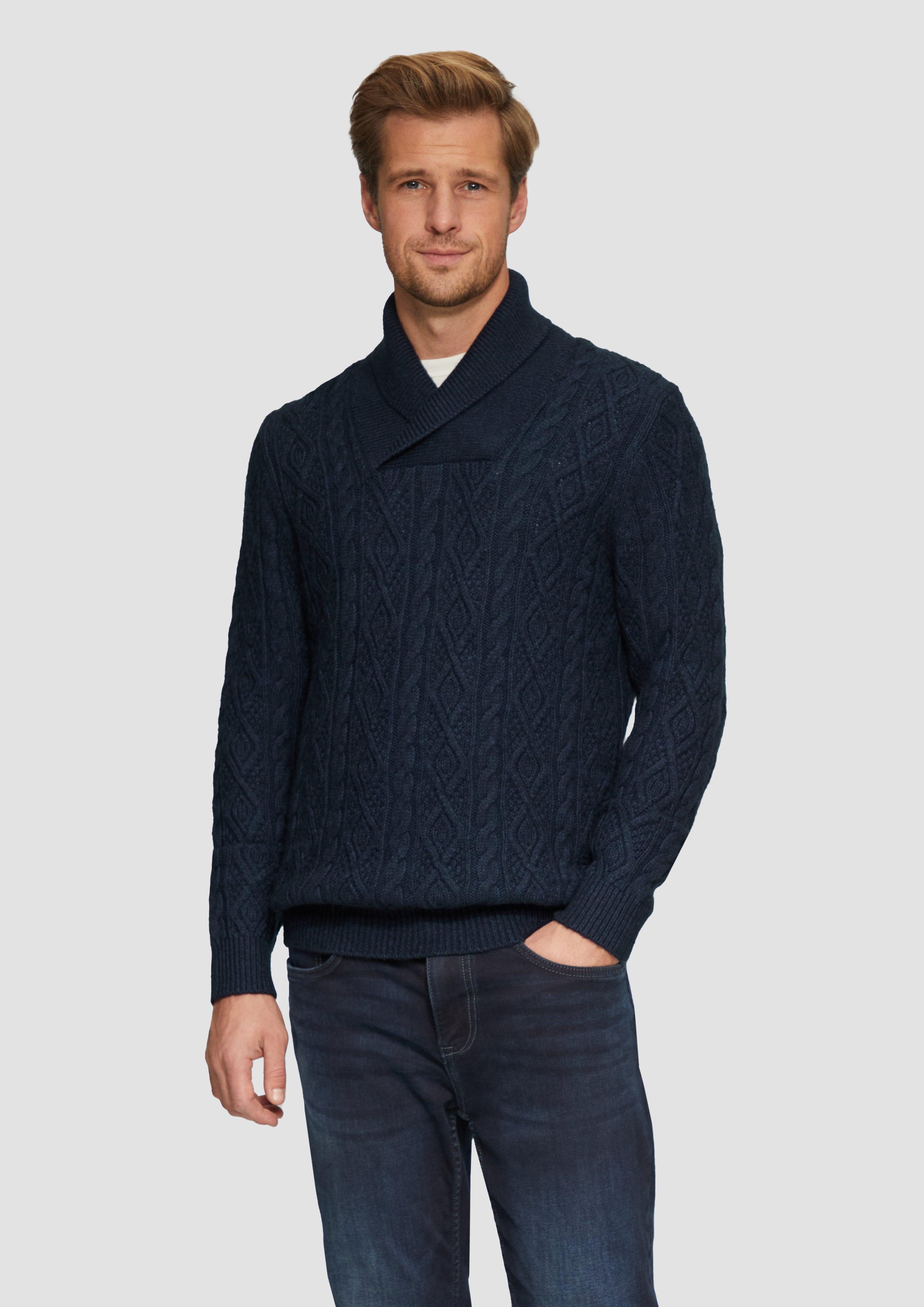 Strickpullover Schalkragenpullover mit Zopfmuster aus Wollmix