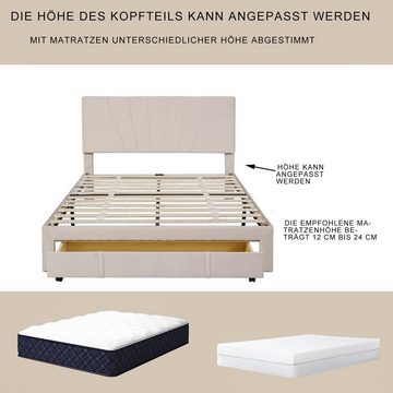 OKWISH Polsterbett Doppelbett mit Lattenrost, Rückenlehne und großer Schublade (Matratze nicht enthaltet, Beige), Hautfreundliches Doppelbett aus Samtstoff, Einfache Montage