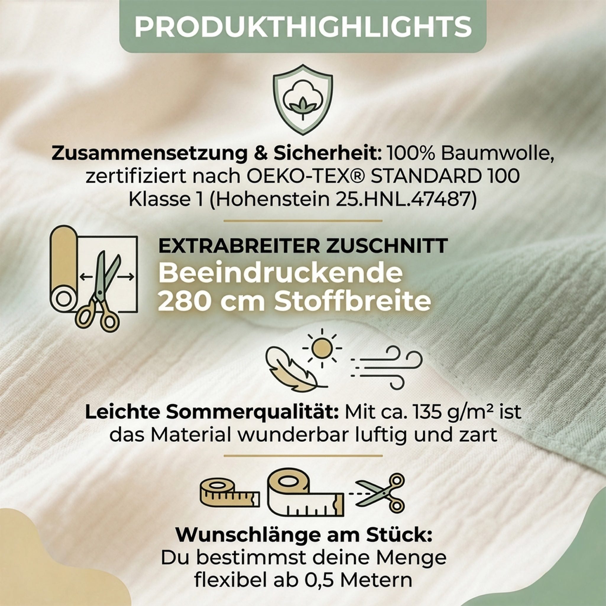 maDDma Stoff Musselin Stoff XXL 1/2 Meterware 280 cm breit Double Gauze Baumwolle, weiß