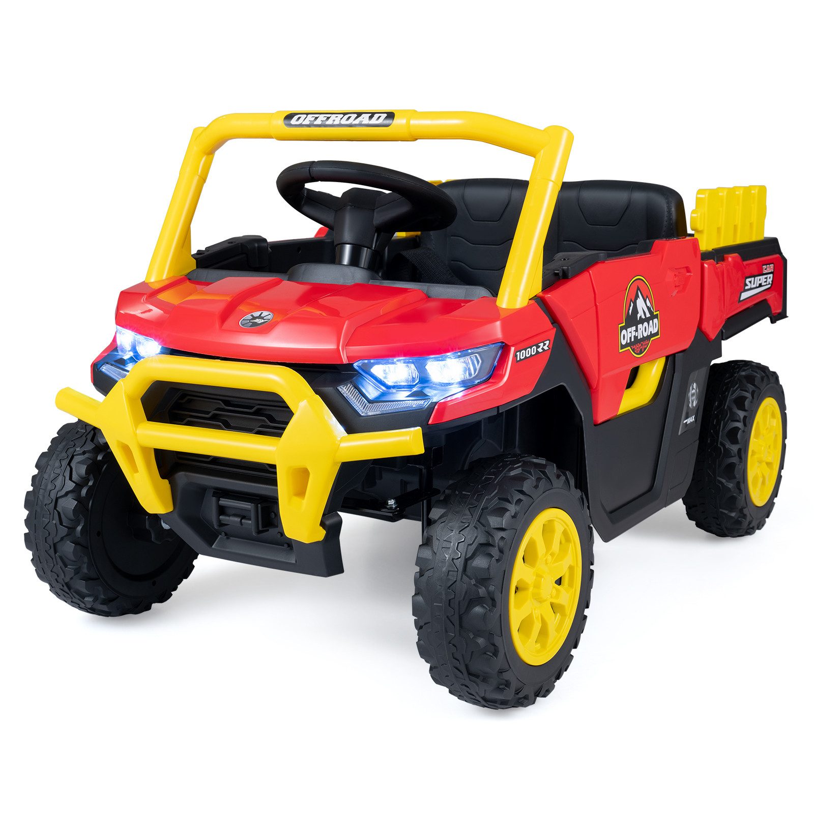 COSTWAY Elektro-Kinderauto 12V Kinderauto mit Anhänger, Belastbarkeit 30 kg, Musik, USB, Scheinwerfer, Kinderfahrzeug