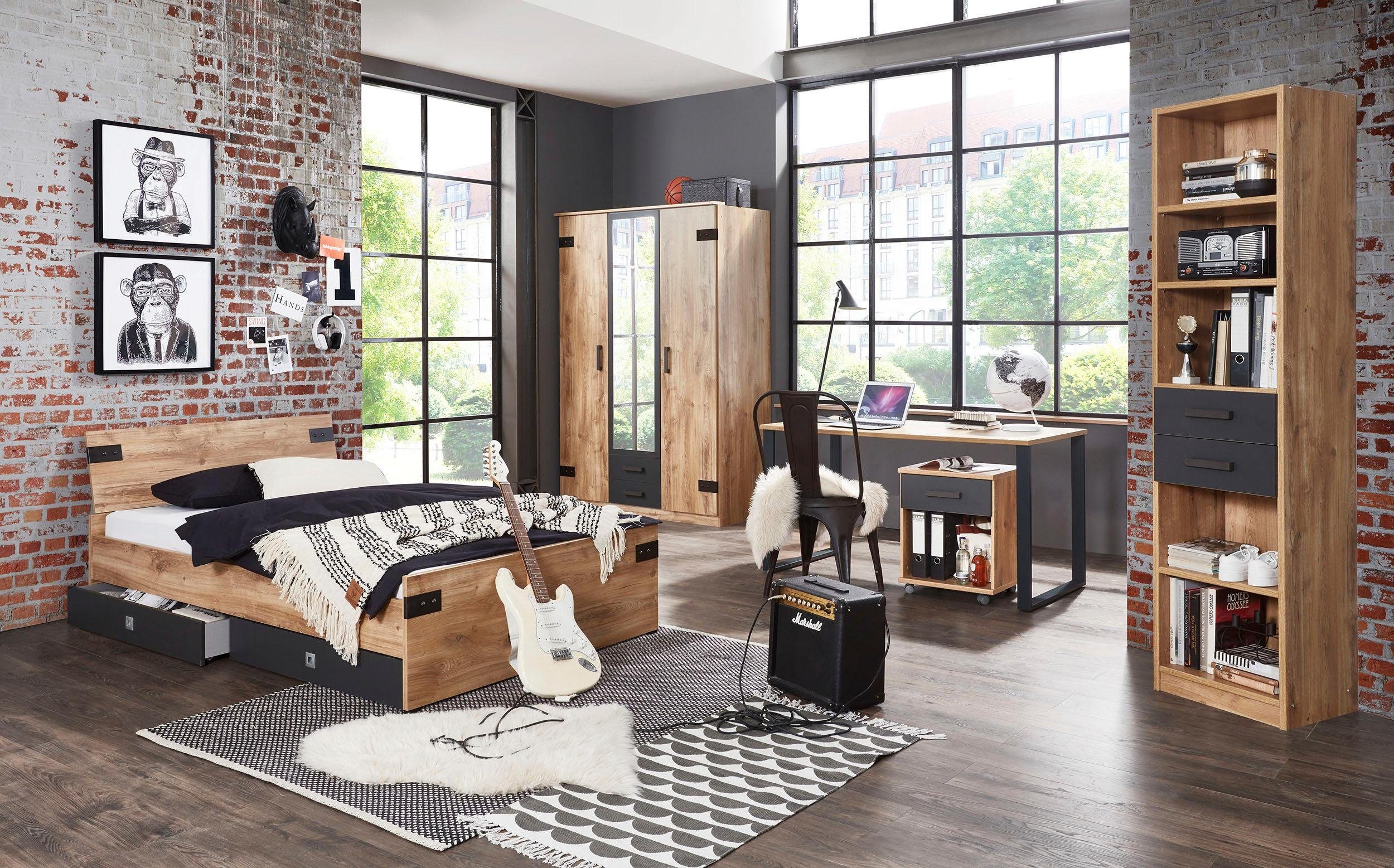 Wimex Kleiderschrank Liverpool, Made in Germany mit Spiegel und 2 Schubladen, 135x58x199cm, Industrial Design – Bild 4 von 5