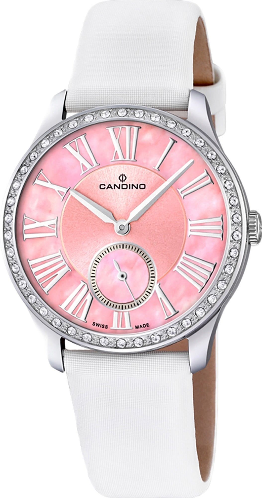 Lederarmband Armbanduhr Quarzuhr weiß, Damen Candino Candino Fashion C4596/2, rund, Damen Analog Quarzuhr