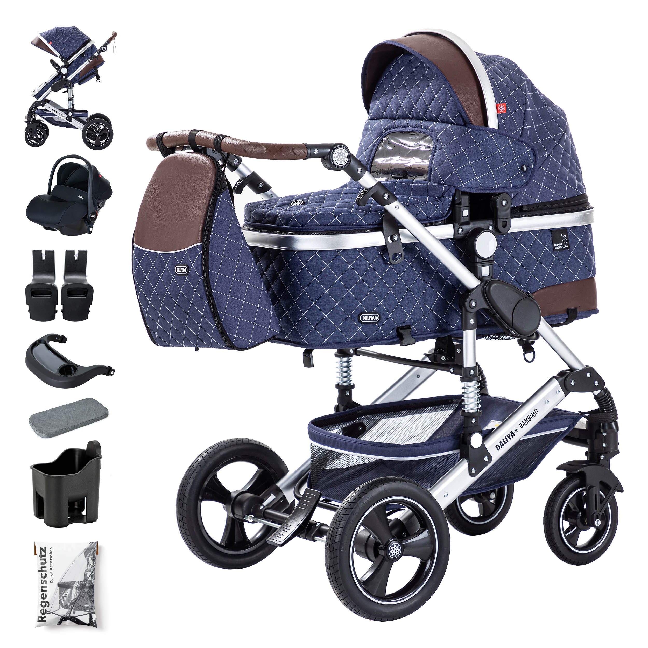 Daliya® Kombi-Kinderwagen BAMBIMO 3in1 Kinderwagen & Buggy mit Auto-Babyschale und Adapter, (XXL-Set inkl. Wickeltasche und Spieltisch, 15-tlg), Babyschale, Airless-Räder, Federung, weiche Matratze, Belüftungssystem