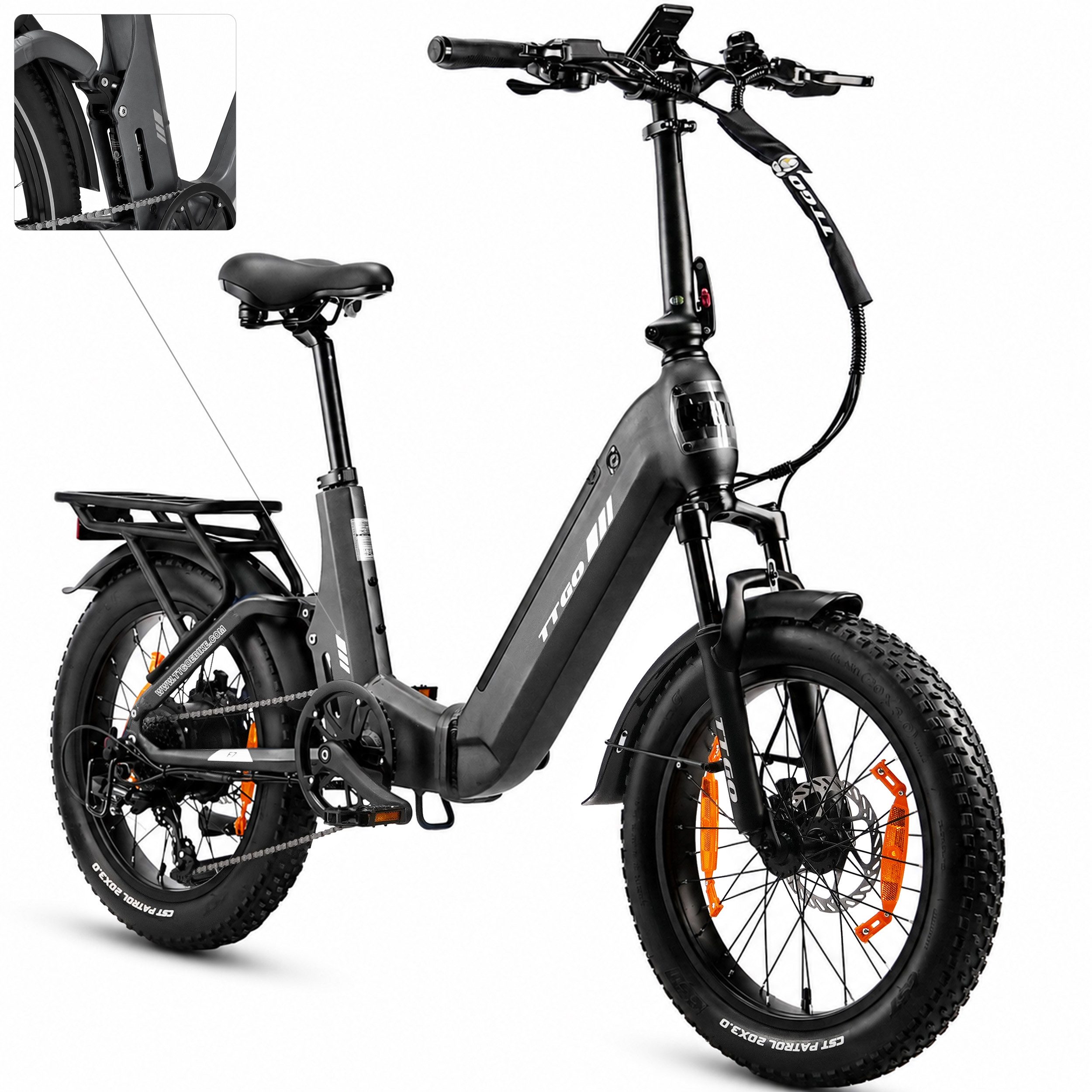 TTGO E-Bike Klapprad 20 Zoll, Fully, Vollfederung, 70Nm, 3,0'' Fatbike, Lockout-Federgabel, 7 Gang SHIMANO, Kettenschaltung, Heckmotor, 720 Wh, (Softtail, hydr. Scheibenbremse, mit Bremslicht), 120km, Drehmomentsensor, max.150kg, Elektrofahrrad für Damen
