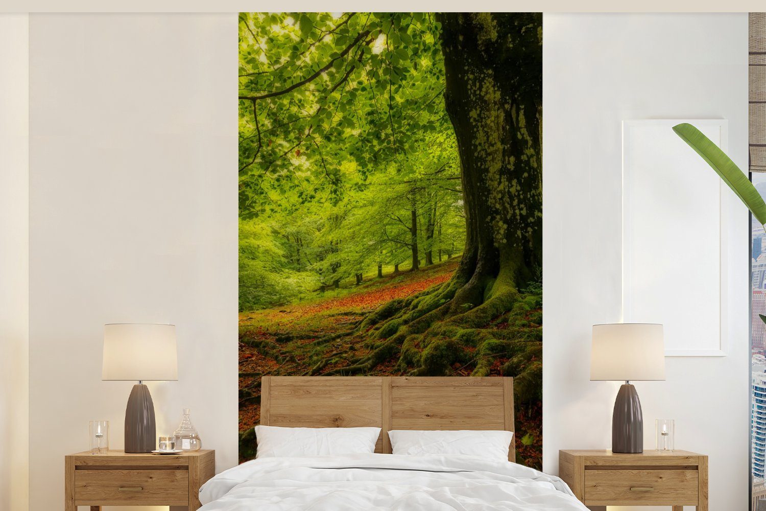 MuchoWow Fototapete Baum - Wald - Herbstblätter, Matt, bedruckt, (2 St), Vliestapete für Wohnzimmer Schlafzimmer Küche, Fototapete