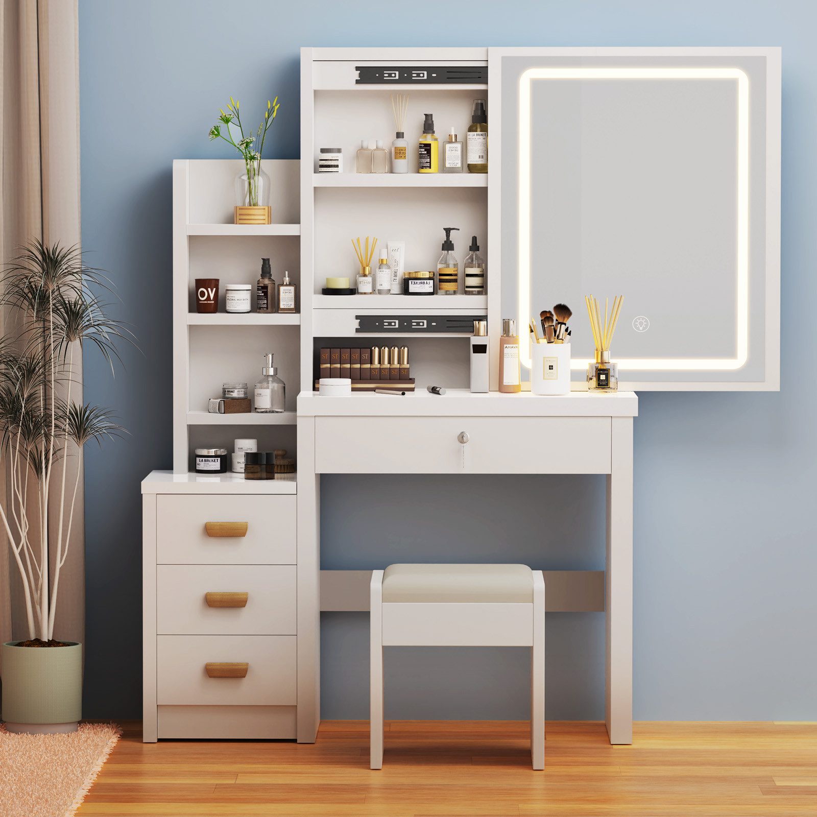 oyajia Schminktisch LED-Beleuchtung,mit Spiegel Hocker und 4 Schubladen Kos günstig online kaufen