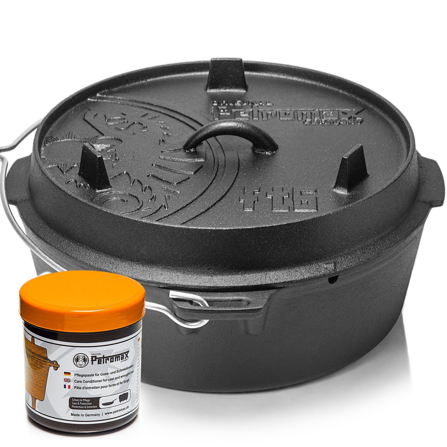 Petromax Schmortopf Feuertopf ft6 mit Deckel ohne Füße Dutch Oven, Gusseisen (Aktion Spar-Set, 3-tlg., 3-teilig, 4-8 Personen geeignet), Deckel mit Henkel, als Pfanne nutzbar, Topf induktionsfähig