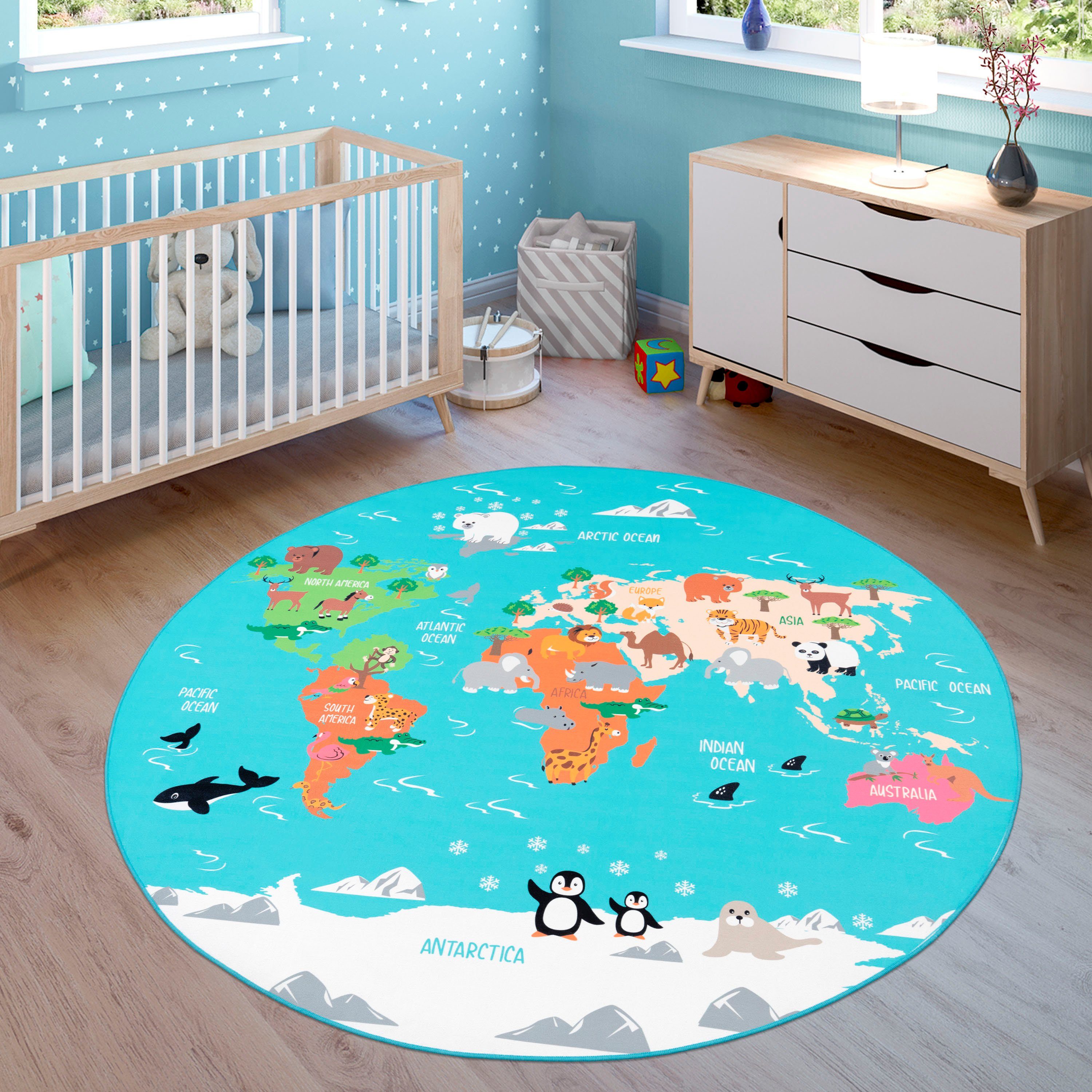 Paco Home Kinderteppich Bino 564, rund, Höhe: 4 mm, Kurzflor, Motiv Weltkarte, Kinderzimmer