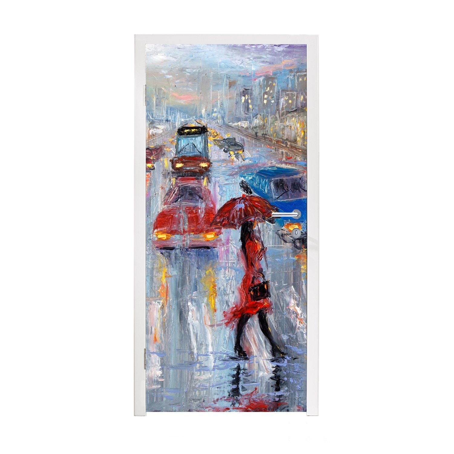 MuchoWow Türtapete Gemälde - Öl - Auto - Zebrastreifen, Matt, bedruckt, (1 St), Selbstklebende Tapete, Folie für Möbel, 75x205 cm
