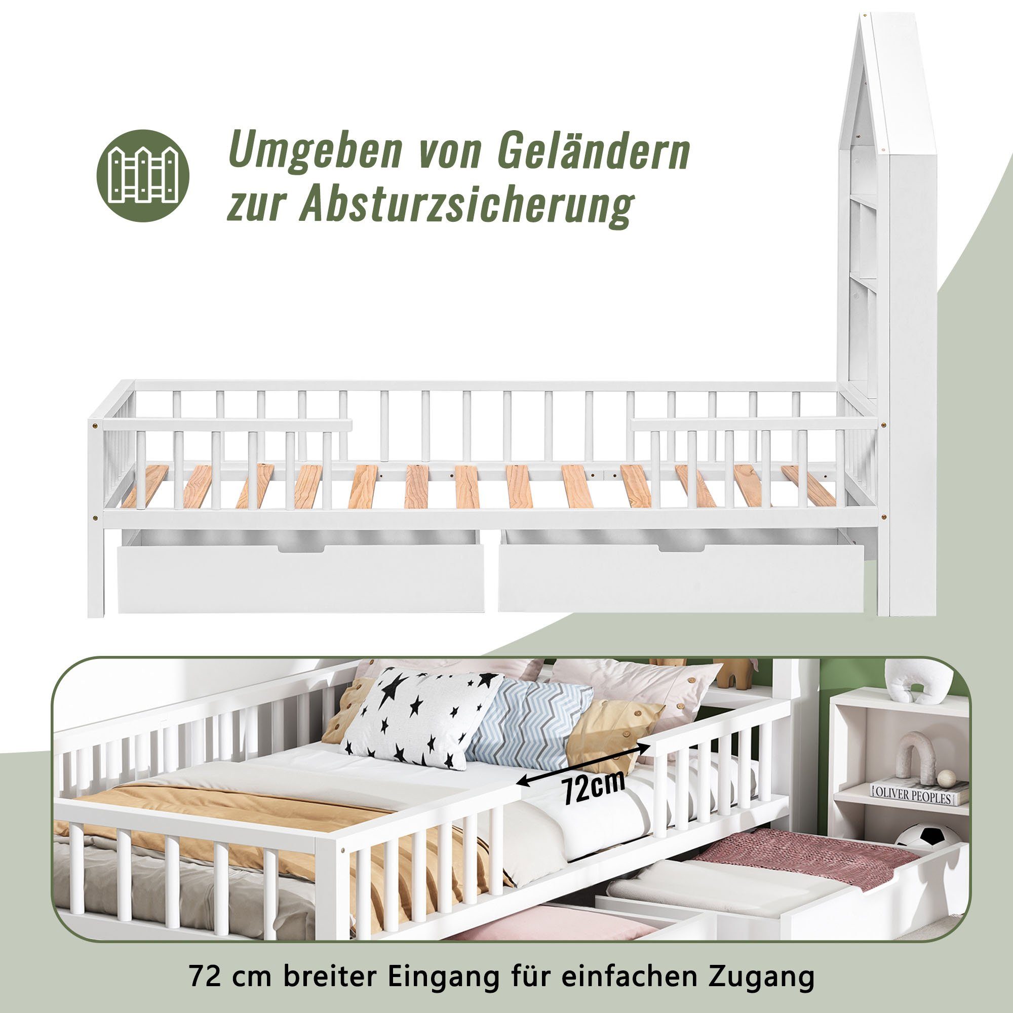 Flieks Kinderbett, Einzelbett mit Weiß Schubladen 90x200cm und Bücherregal