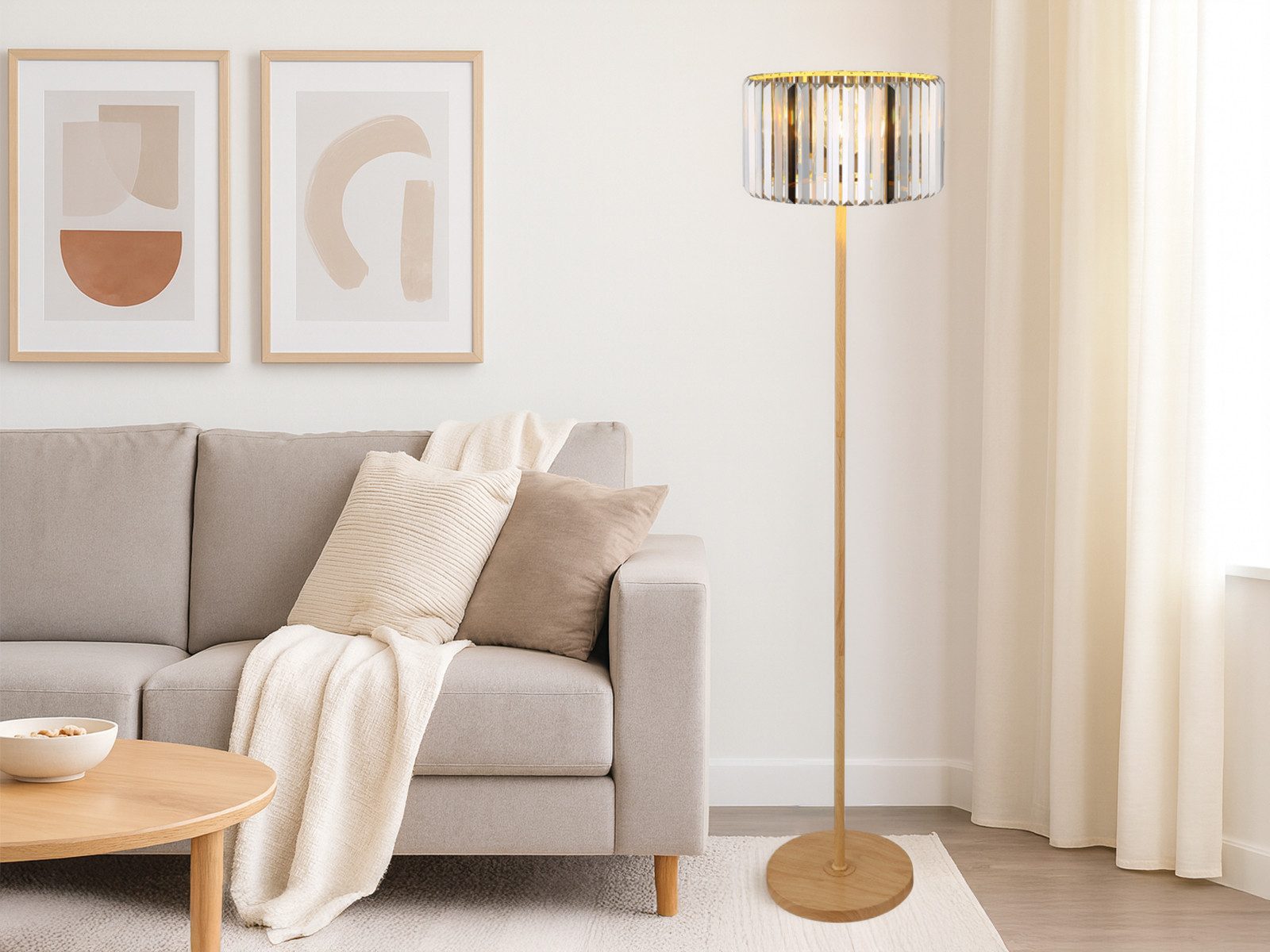 NOWA LED Stehlampe Schirm Rauchglas Kristall Höhe 150cm, Dimmfunktion, LED wechselbar, Warmweiß, ausgefallene moderne Stehleuchte dimmbar, Korpus Metall in Holzoptik
