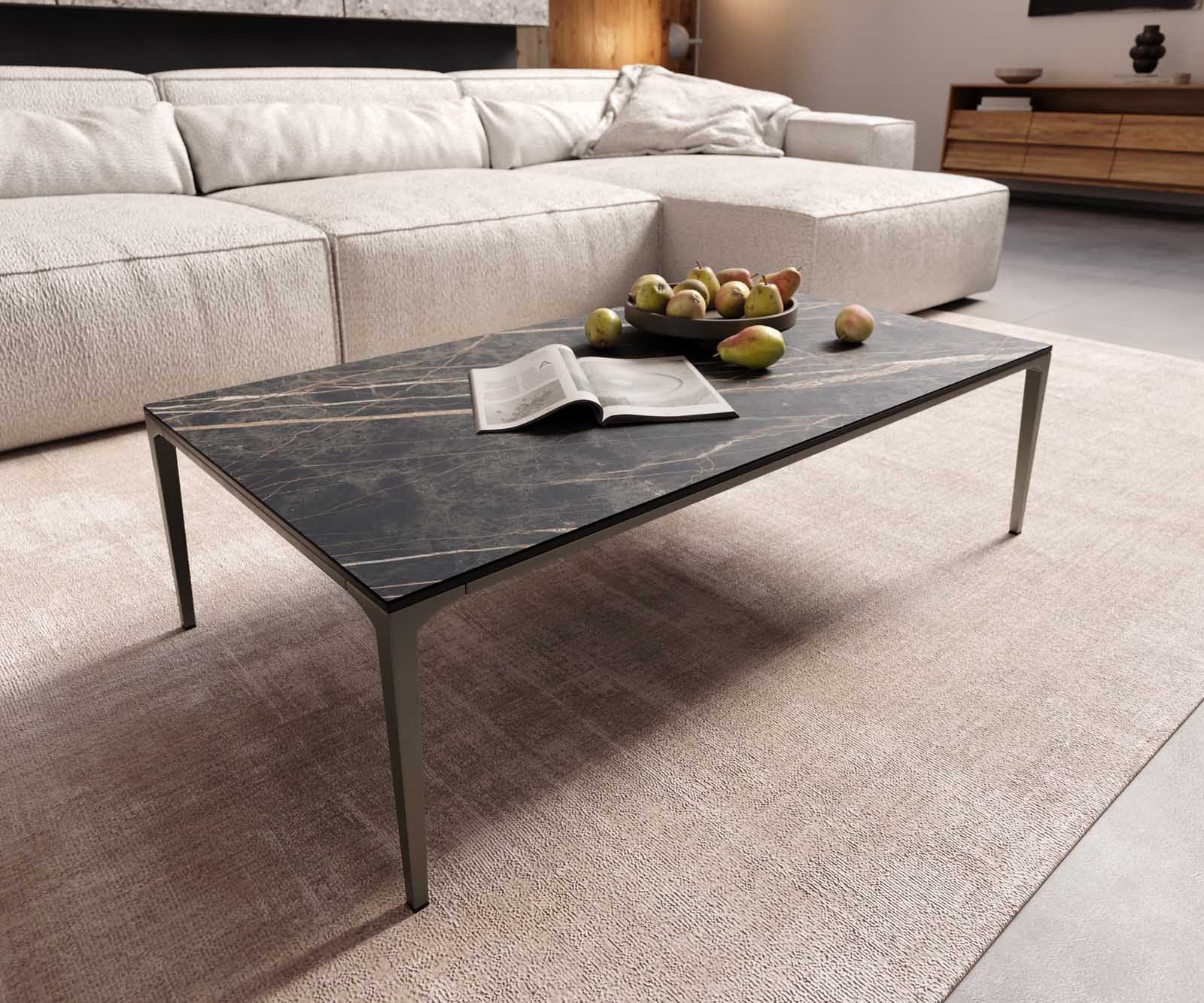 DELIFE Couchtisch Levente, Keramik Laminam® Noir Desir Braun 110x60 cm Gestell Metall Effektfinis