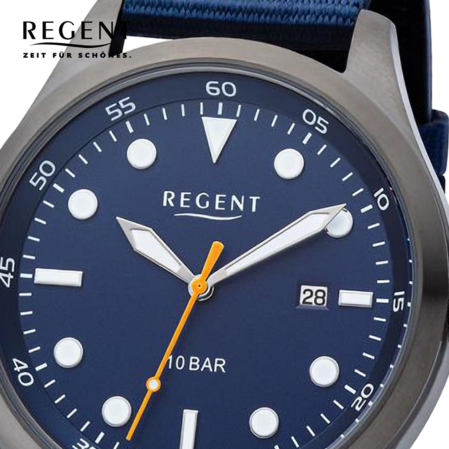 Herren Regent Armbanduhr groß Armbanduhr Herren extra Analog, 42mm), Regent Uhrzeit Quarzuhr Textilarmband, (ca. rund,