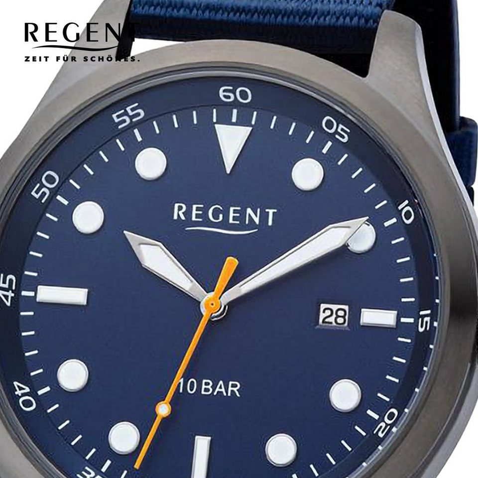 Regent Quarzuhr Regent Herren Armbanduhr Analog, Herren Armbanduhr rund,  extra groß (ca. 42mm), Textilarmband, Uhrzeit