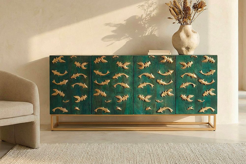 riess-ambiente Sideboard GOLDEN LAGOON 180cm türkis/gold- Mangoholz, Metall, 3D-Front, Stauraum (Einzelartikel, 1 St), Organizer Kommode - ideal für Flur, Wohn- & Schlafzimmer od. Fernseher