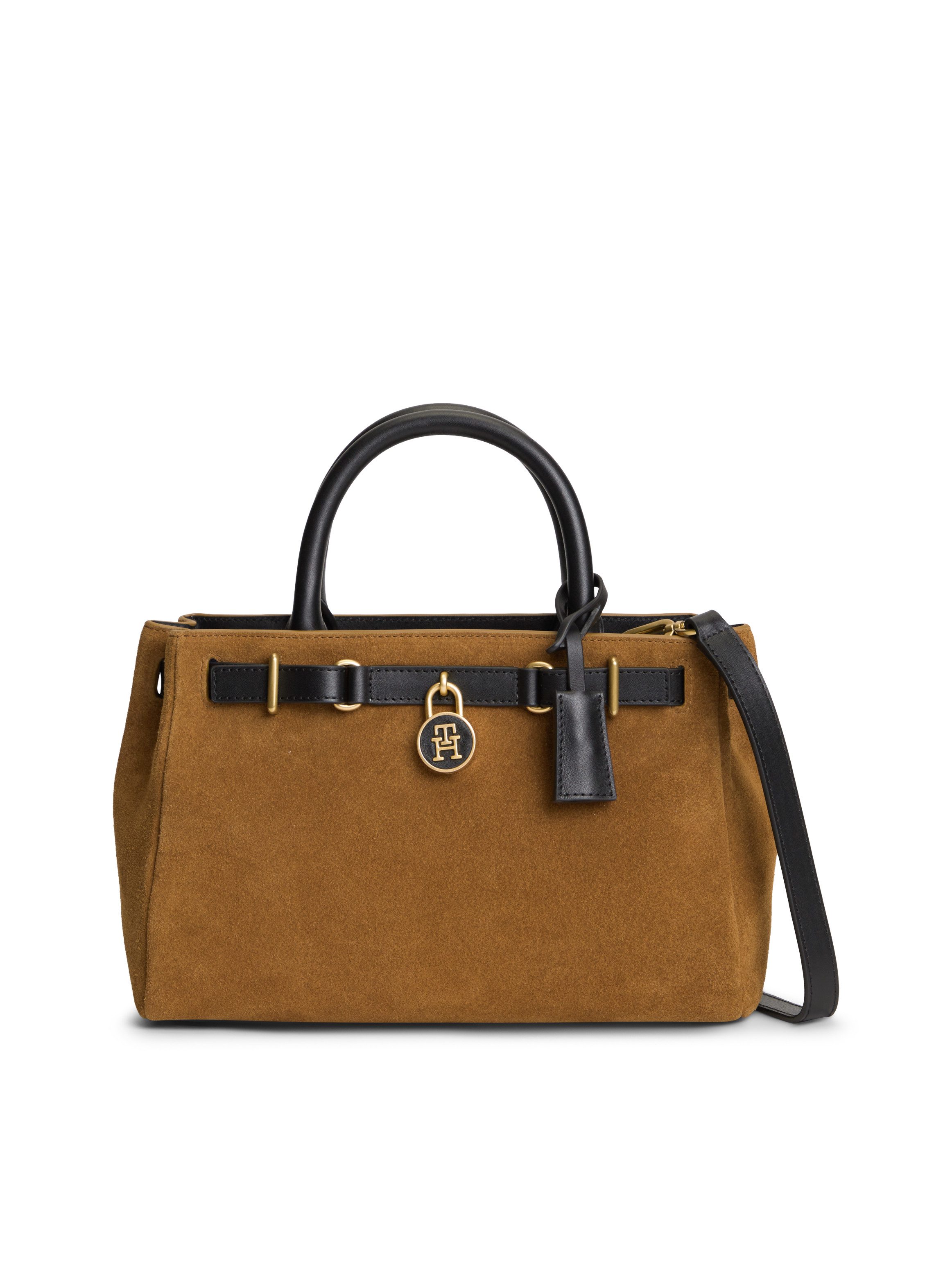 Tommy Hilfiger Handtasche AMERICAN ICON MINI TOTE SUEDE LE, Damen Schultertasche, Umhängetasche mit TH-Schloss-Schmuckanhgänger