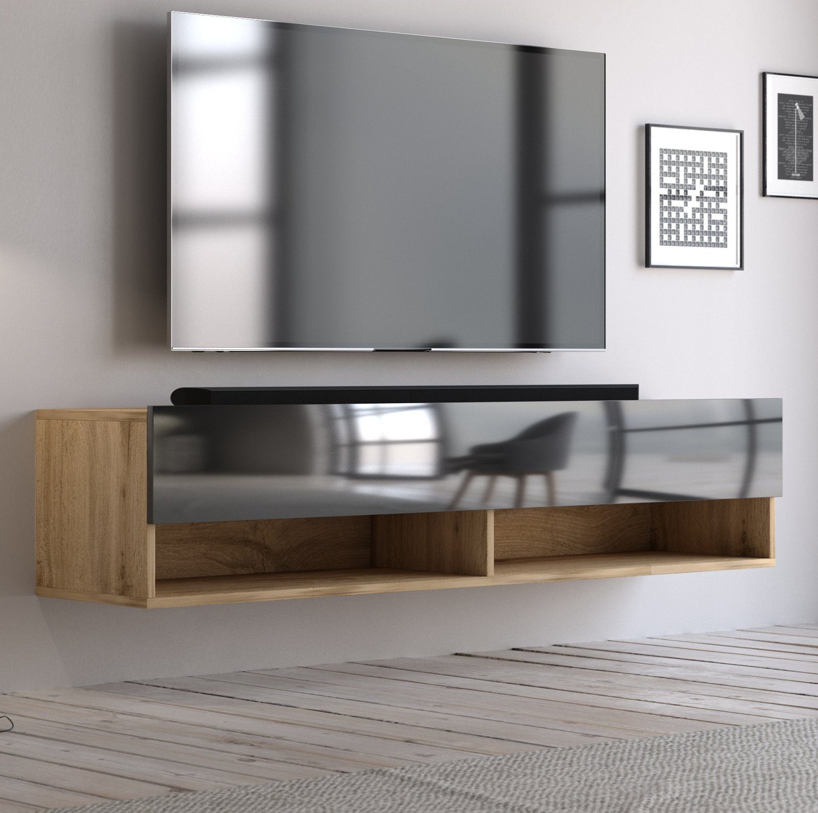140 oder weiß Board Hochglanz schwarz, Eiche (Flat-TV in Lowboard und GuenstigEinrichten cm), Wotan Epsom