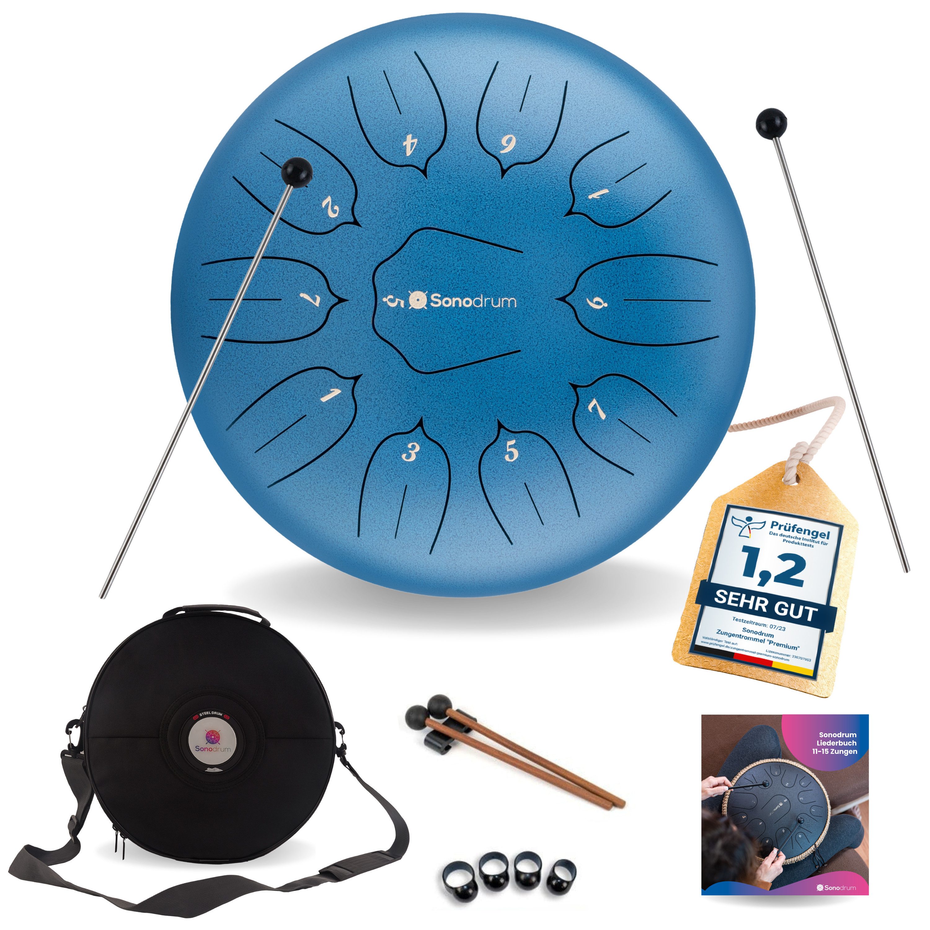 Sonodrum Steel Tongue Drum "Standard", D-Dur, 30 cm, 11 Zungen inkl. Liederbuch und Tragetasche