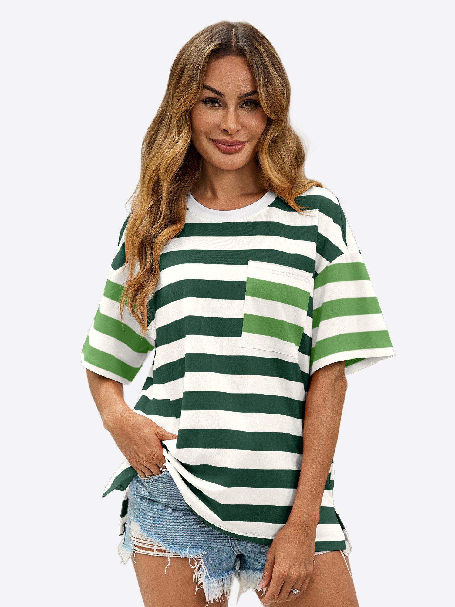 Imily Bela T-Shirt Damen Bluse mit Streifen und Farbblöcken (Packung, 1-tlg günstig online kaufen