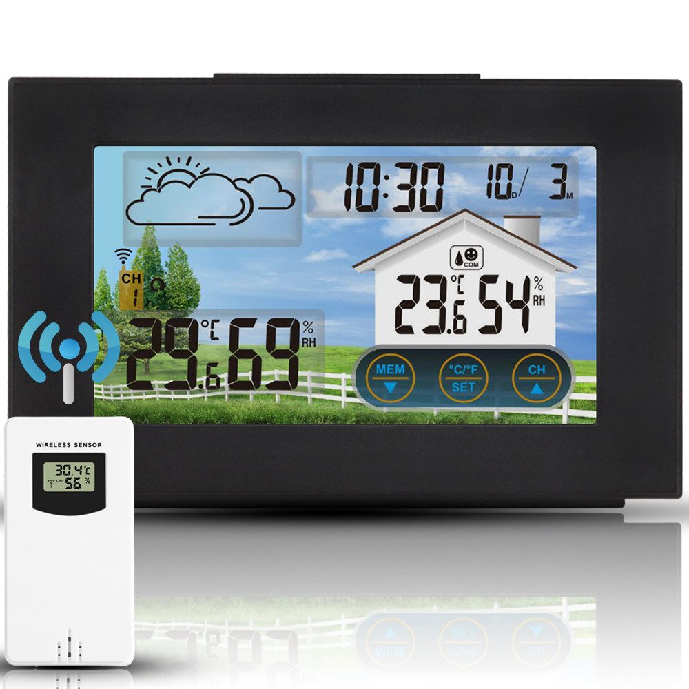 Forrlite, Wetterstation Funk mit Außensensor Wetterstation (mit Wettervorhersage, Innen und Außen Temperatur / Luftfeuchte, Farbdisplay, Wecker mit Schlummerfunktion, für Zuhause Büro Hausgarten)