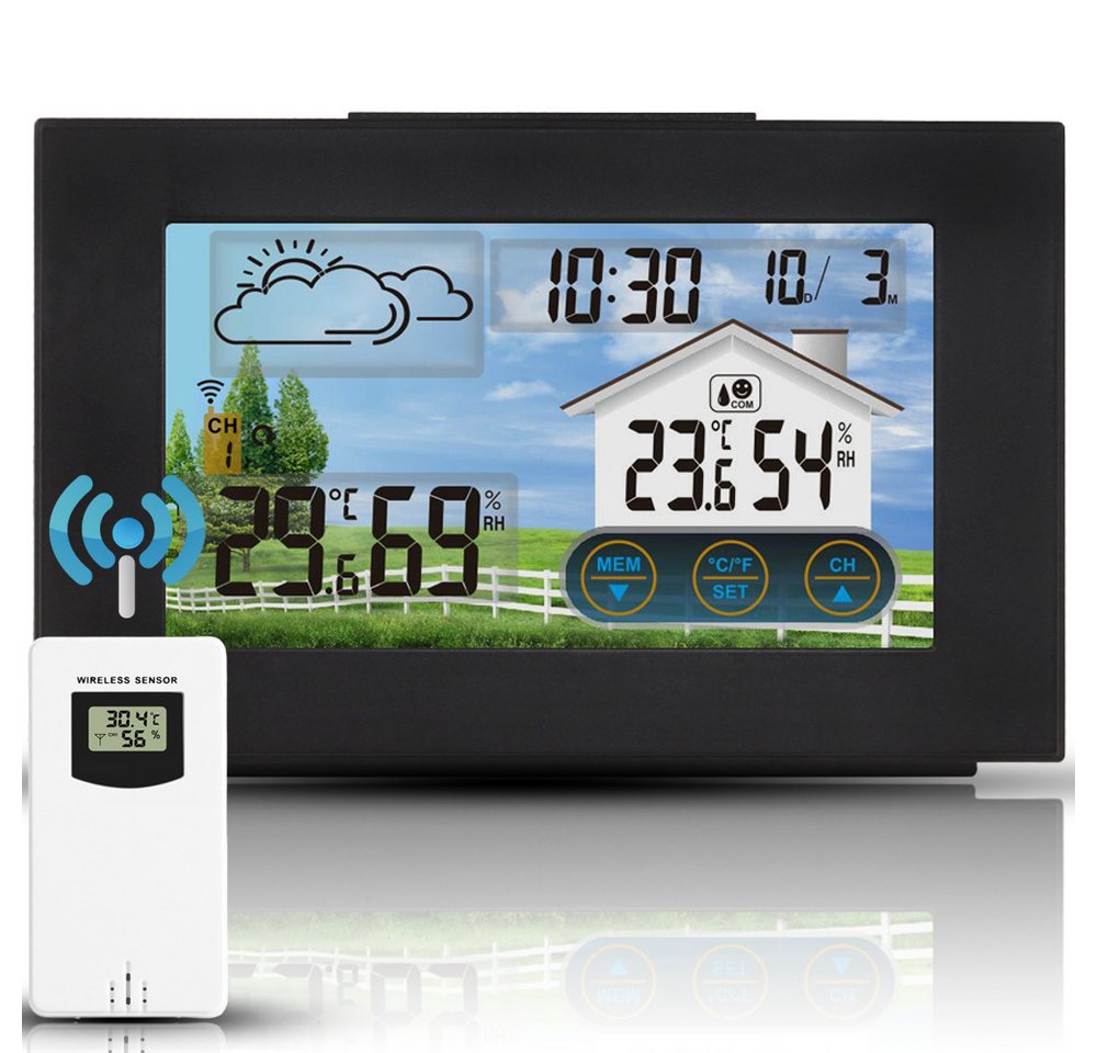 Forrlite, Wetterstation Funk mit Außensensor Wetterstation (mit Wettervorhersage, Innen und Außen Temperatur / Luftfeuchte, Farbdisplay, Wecker mit Schlummerfunktion, für Zuhause Büro Hausgarten)