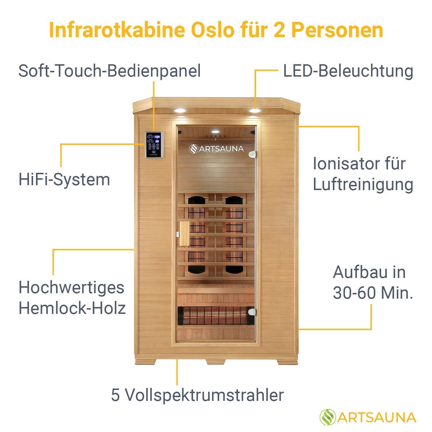 Artsauna Infrarotkabine Oslo, für 2 Personen, Hemlockholz, HiFi-System, Ionisator, LED-Farblicht