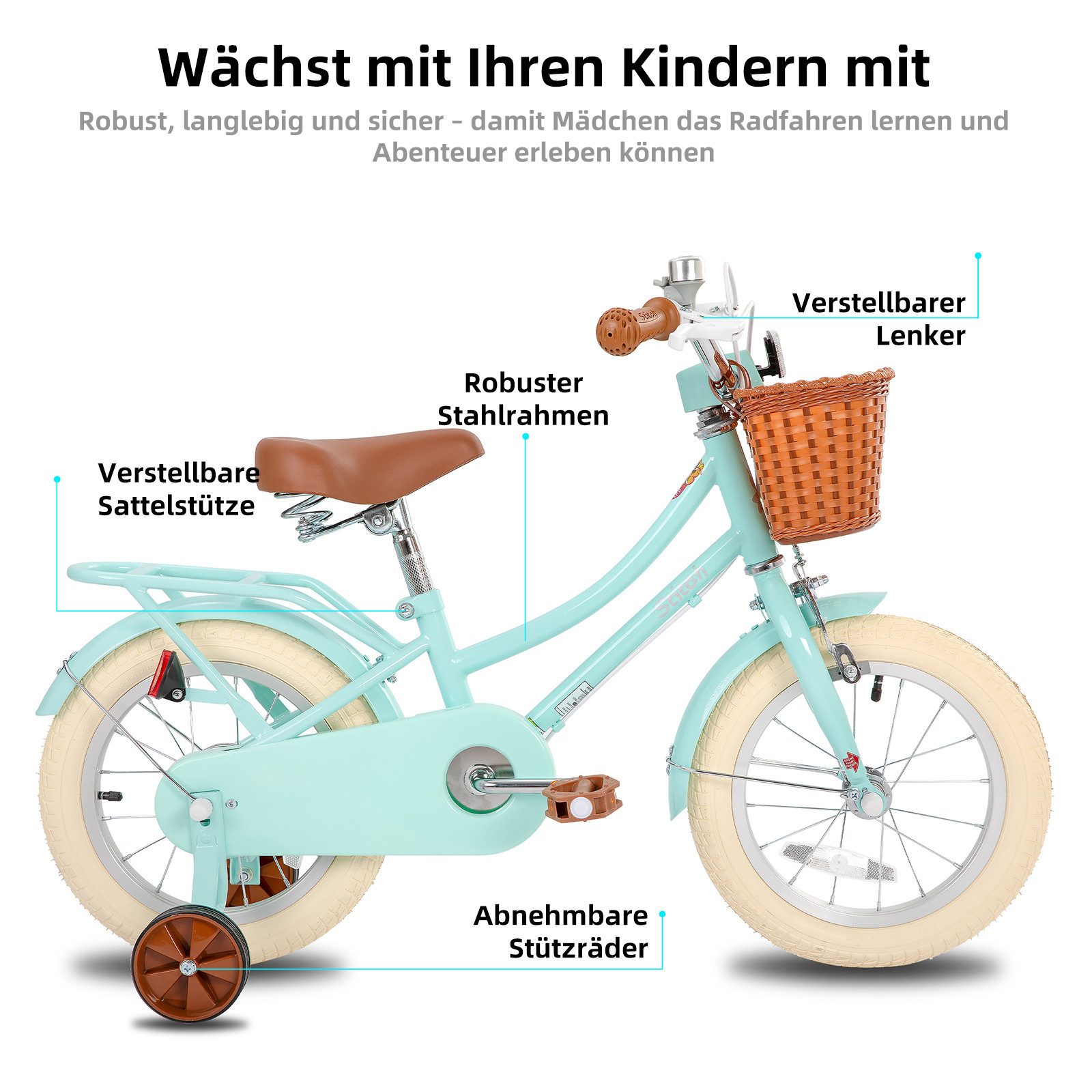 JOYSTAR Kinderfahrrad 12 14 16 18 Zoll fahrrad für 2-9 Jahre alte Mädchen & Jungen, mit Kotflügel, Stützrädern, Korb, Gepäckträger, Kettenabdeckung