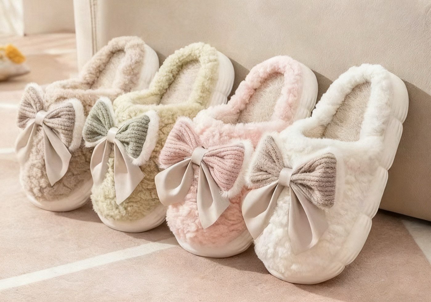 HoyoLee Handels GmbH Damen Plüsch-Pantoffeln Winter mit Schleife Hausschuhe günstig online kaufen