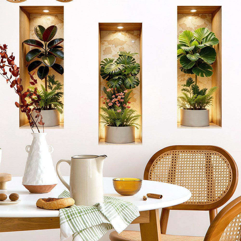 MOPUEA Wandsticker 3 Stück Pflanzen-Wandaufkleber 3D Wandtattoo für Wohnzimmer (Set, 3 St., Wasserfest & Leicht Zu Reinigen), 3d effekt für Büro, Flur, Wohnzimmer, Küche und Schlafzimmer