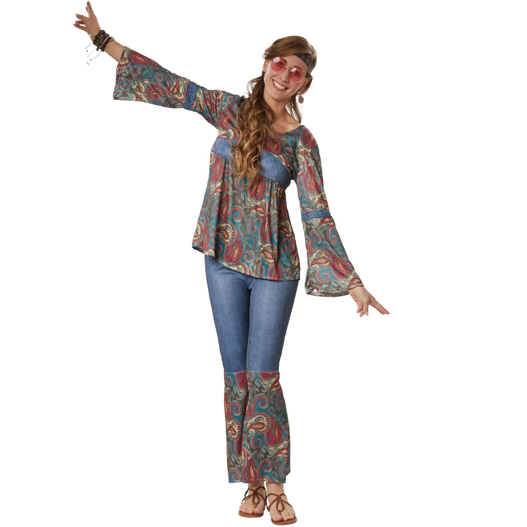 dressforfun Hippie-Kostüm Blumenkind/Friedensfreund, Gr. S, Outfit in Jeans- und, in bunt, Stirnband mit Gummizugeinsatz, Lange Ärmel in Trompetenform