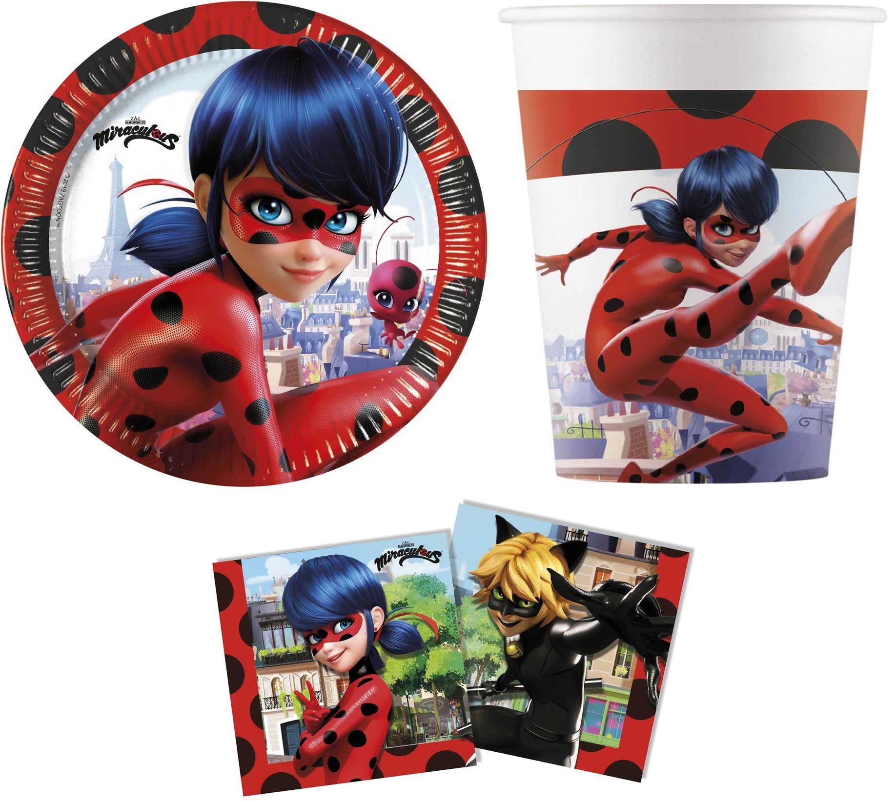 Procos Einweggeschirr-Set 140-tlg Set Kindergeburtstag Party Feier Deko Motto Miraculous Ladybug (140-tlg), 8 Personen
