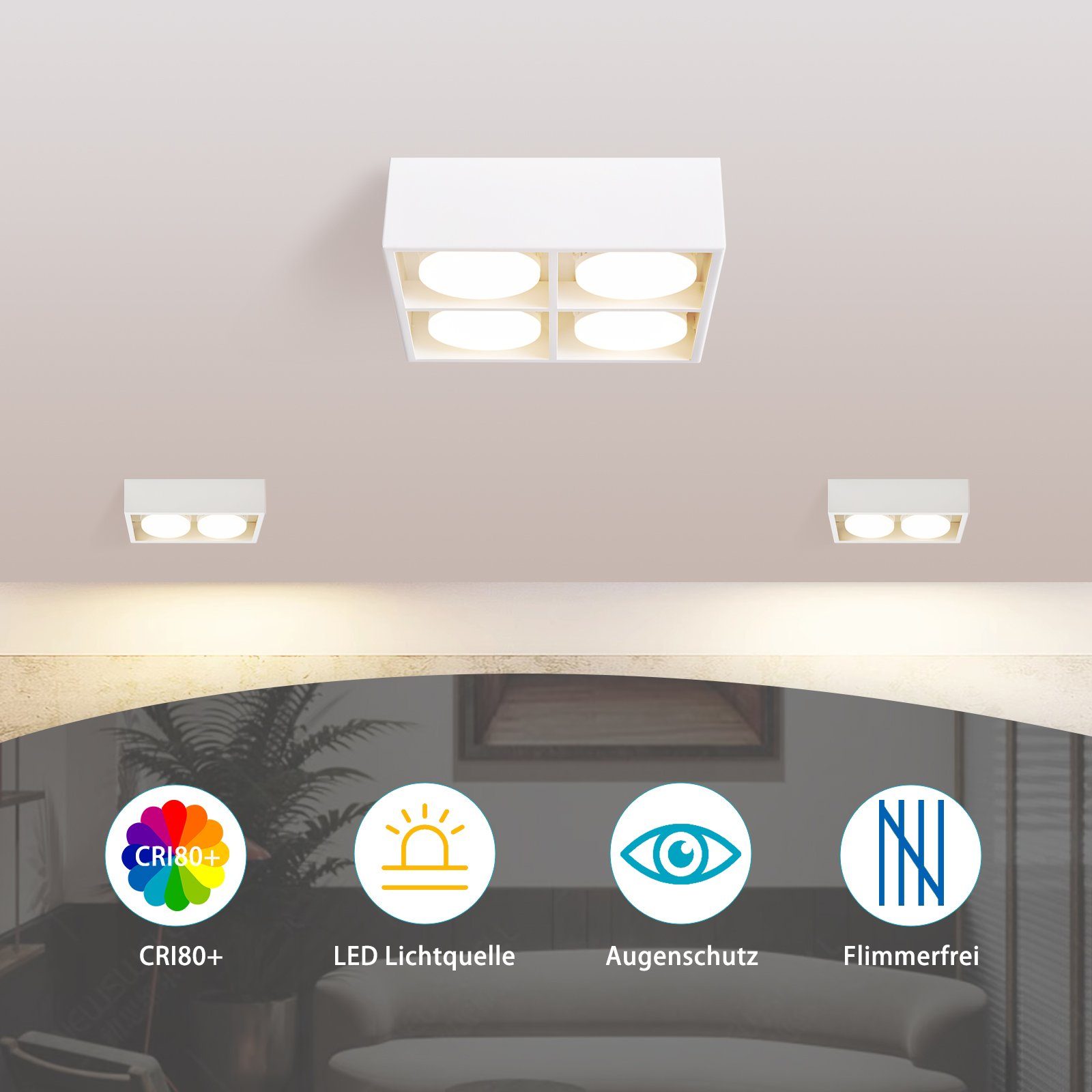 Deckenstrahler ZMH für 4 Flammig Esszimmer Wohnzimmer Aufputz LED LED Deckenleuchte 3000k, Büro Aufbaustrahler, mit Weiß integriert, Küche Flur, 20W fest Schwenkbar