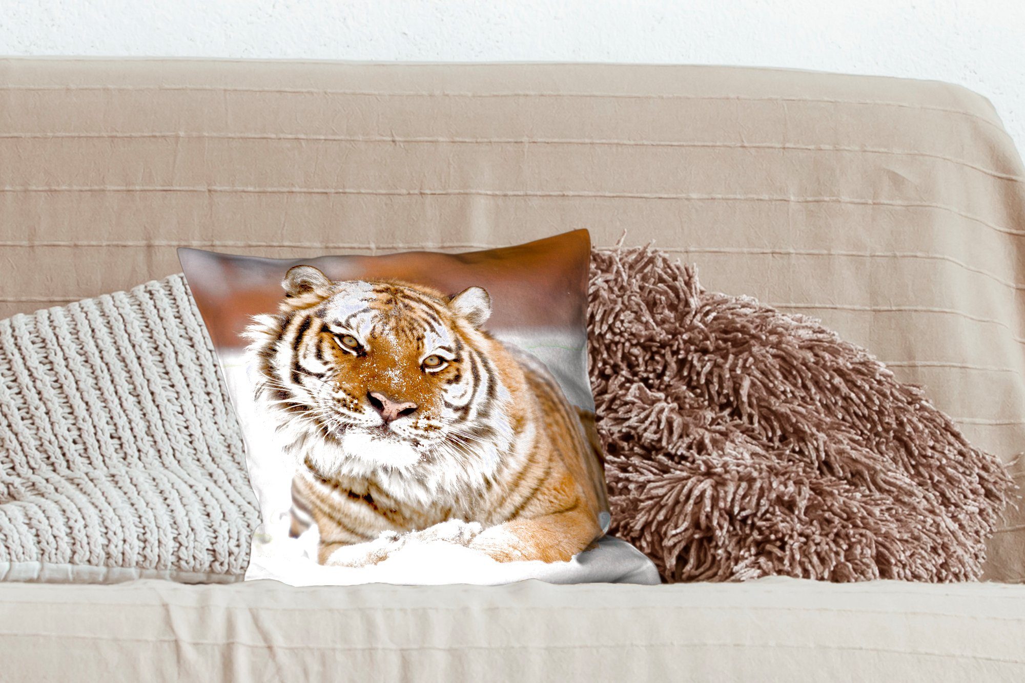 MuchoWow Dekokissen Füllung Tiger - Zierkissen Schlafzimmer, Weiß, Wohzimmer, - Schnee mit für Deko, Sofakissen