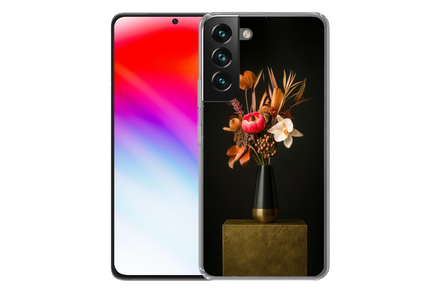 MuchoWow Handyhülle für Samsung Galaxy S22 Blumenstrauß - Orange - Gold - Vase, Phone Case, Silikon, Schutzhülle Dünn